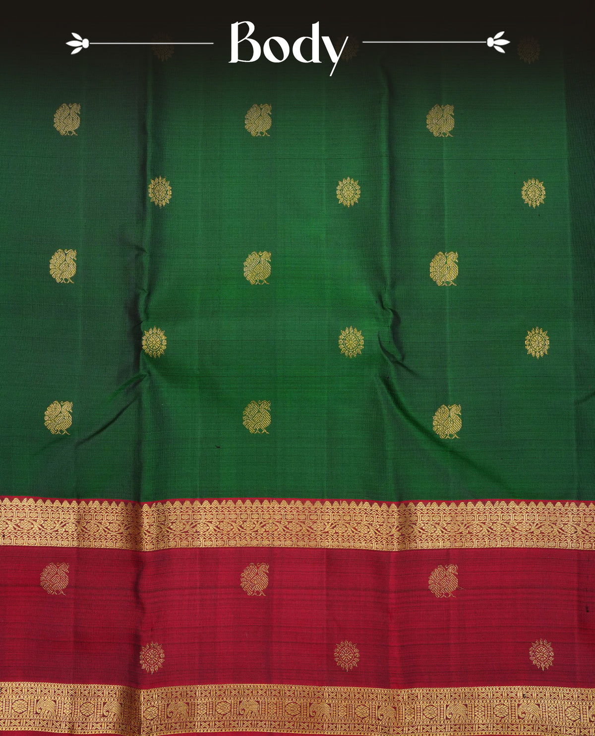 Bottle green colour traditional kancheepuram silk saree featuring gold zari buttas on body, contrast Maroon colour Border, comes with matching blouse piece.