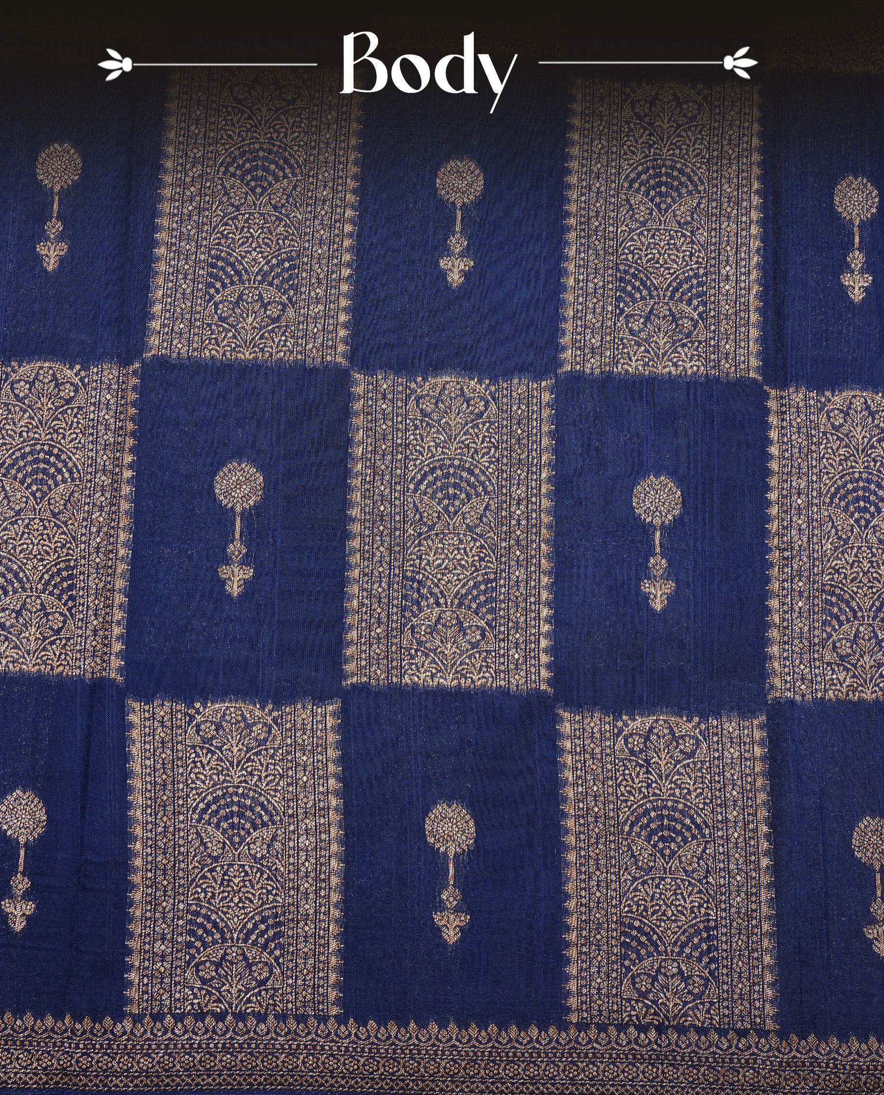 Navy Blue colour Tussar Banaras Georgette silk saree featuring Antique zari Box Pattern on body, complemented by self colour border with zari border, paired with matching blouse piece.