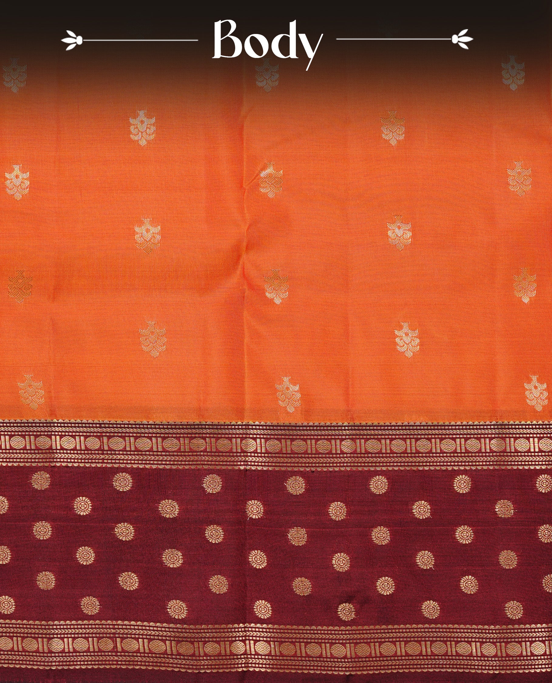Orange colour Traditional Kancheepuram silk saree featuring gold zari motifs on body, enhanced with contrast Maroon with traditional border, paired with matching blouse piece.