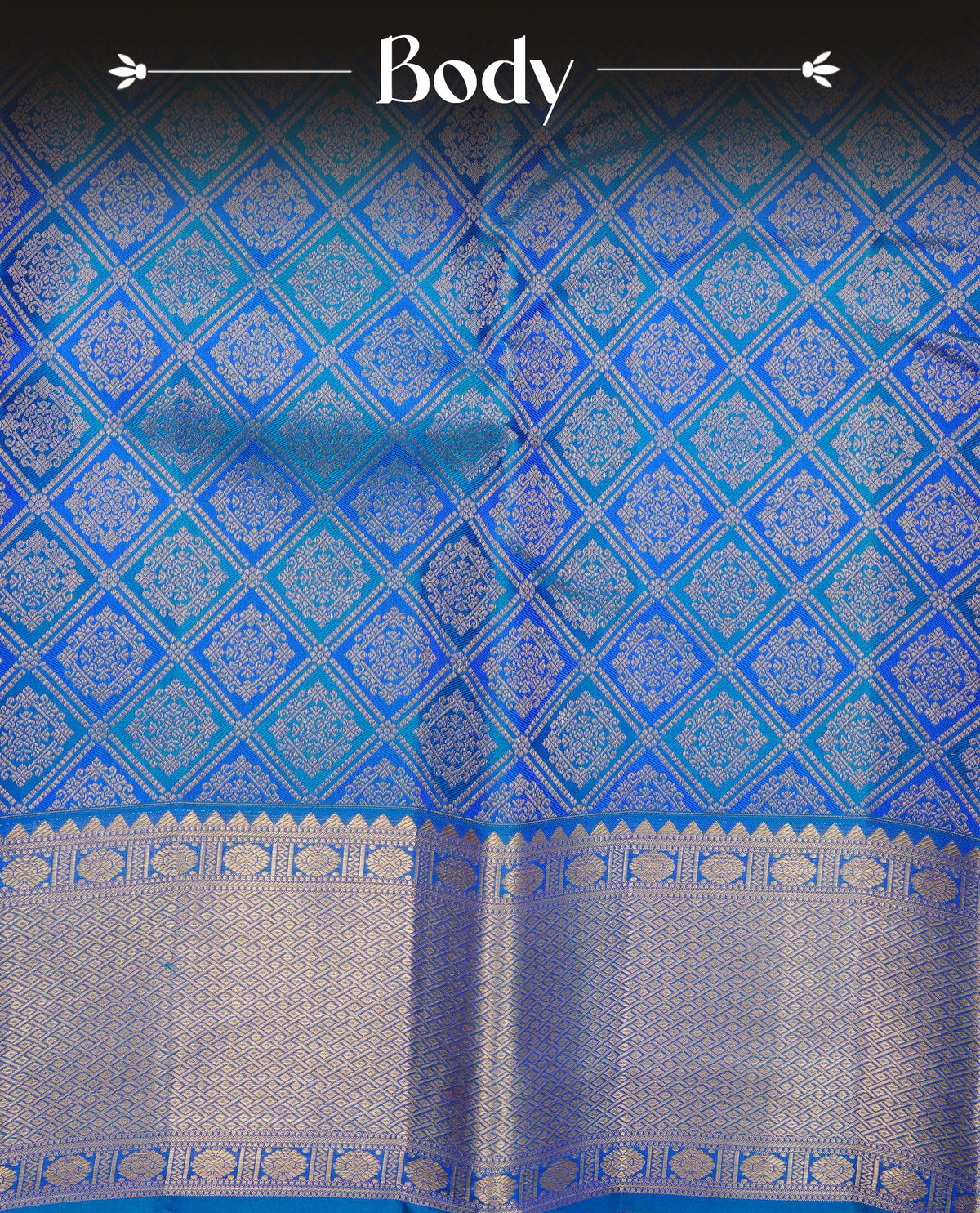 Blue colour Pure wedding silk saree featuring gold zari Check with designed pattern on body, complemented by self colour with traditional border, comes with a matching blouse piece.