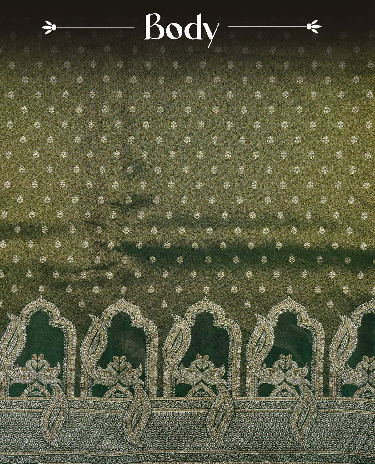 Green colour Mulberry silk saree featuring Gold zari buttas on body, complmented by self colour with Gold zari dual peacock in Temple design border, comes with matching blouse piece.