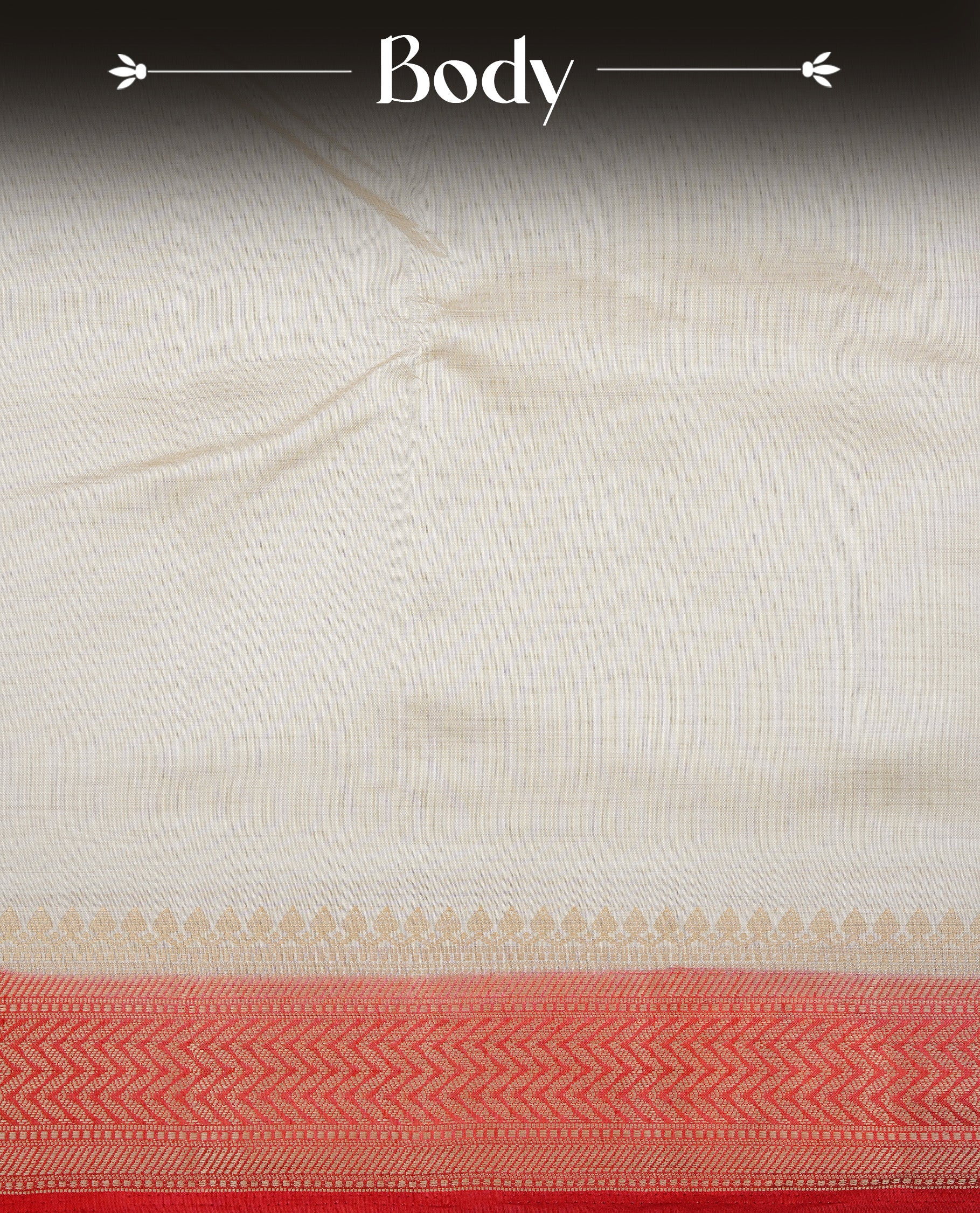 White cream colour Semi Tussar silk saree featuring an elegant plain body, accentuated by a contrast red border adorned with intricate gold zigzag zari work, paired with a matching blouse piece.