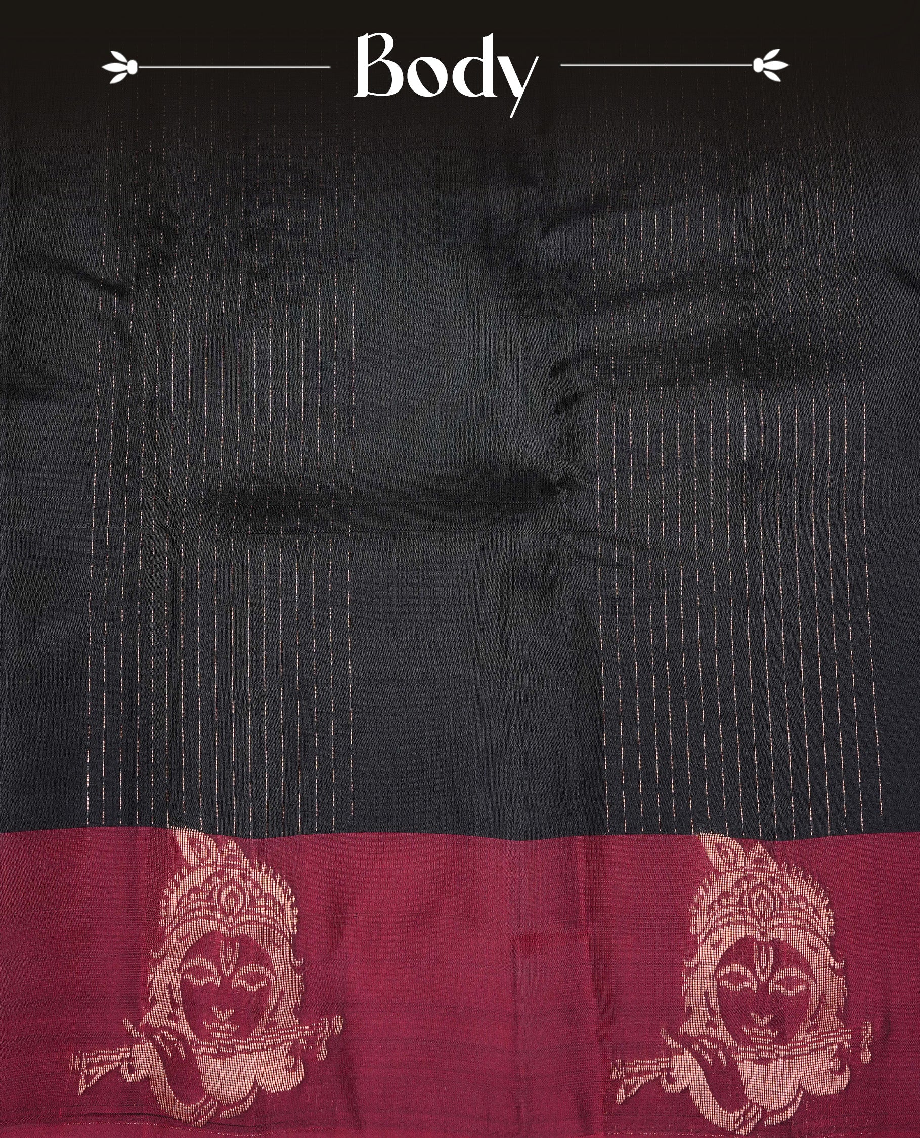 Black  Colour Traditional Kancheepuram Silk Saree Featuring Gold Zari Stripes  on the Body, Designed With Contrast Maroon & Gold Zari Lord Krishna Designed  Pallu, Paired with a Matching Blouse.