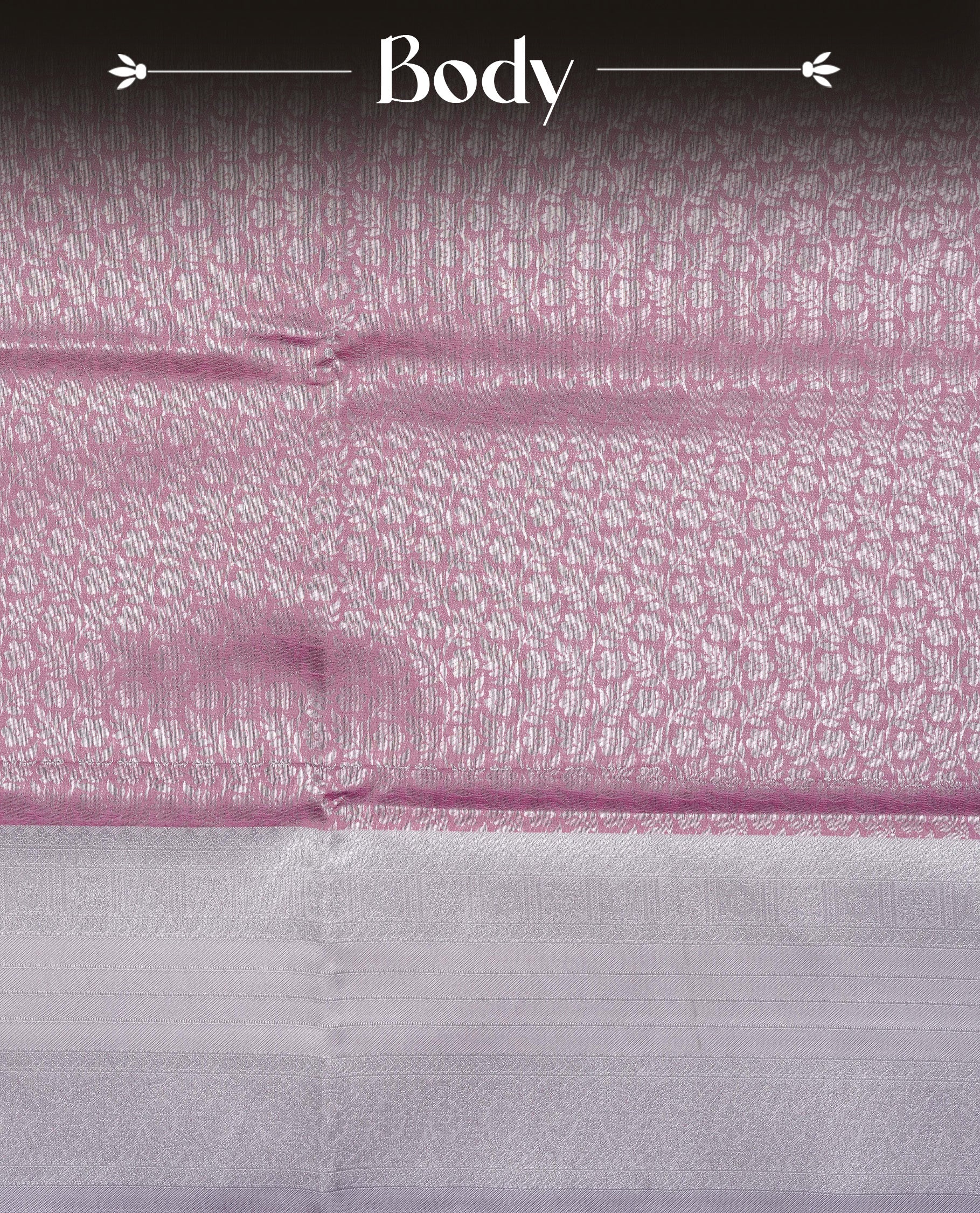 Pink colour semi silk saree featuring Silver zari Floral pattern on body, complemented by contrast Lavender colour with silver zari border, comes with matching blouse piece.