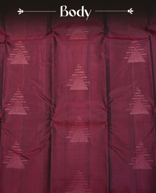 Wine Colour Traditional Kancheepuram Silk Saree Featuring Light Gold  Zari Triangle  Motifs on the Body, Designed Without a Border and with a Grand Pallu, Paired with a Matching Blouse.