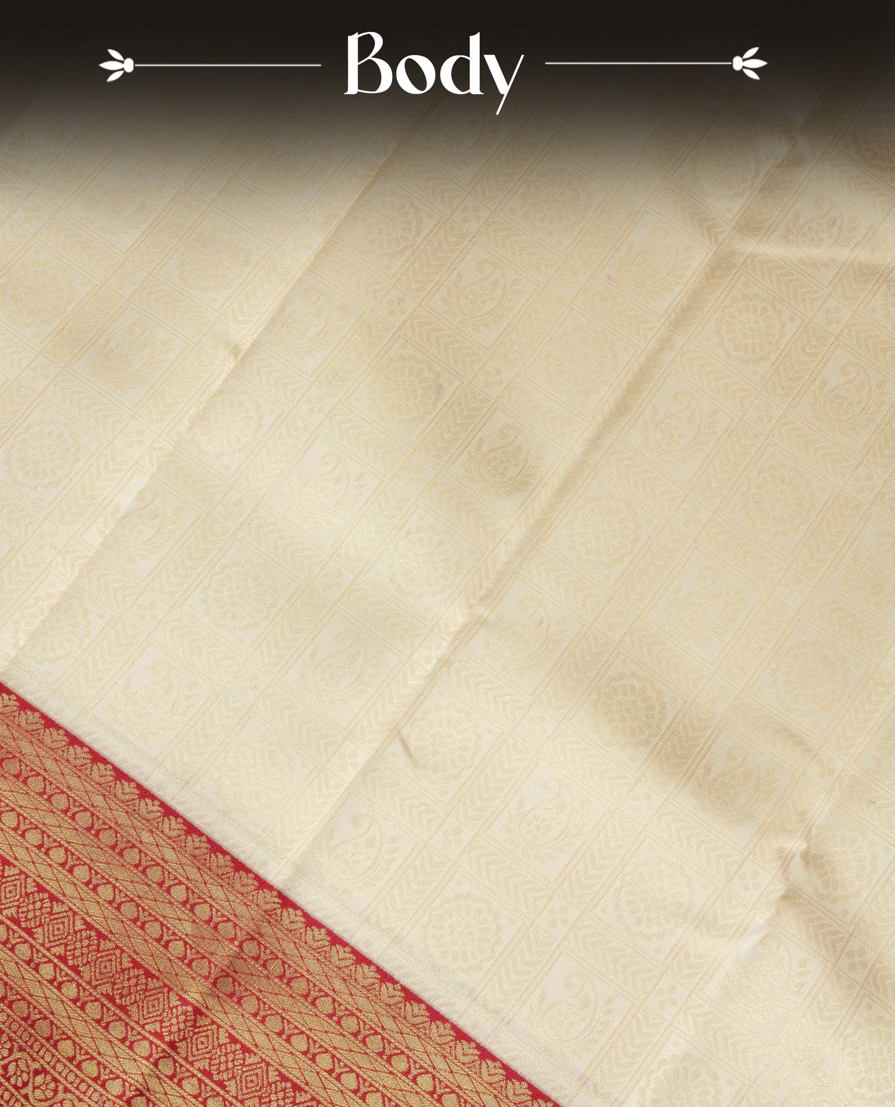 Cream Colour Semi Soft Silk Saree Featuring Gold zari Check With motifs Pattern On Body, Highlighted  by contrast Maroon border with Gold zari, paired with matching blouse piece.