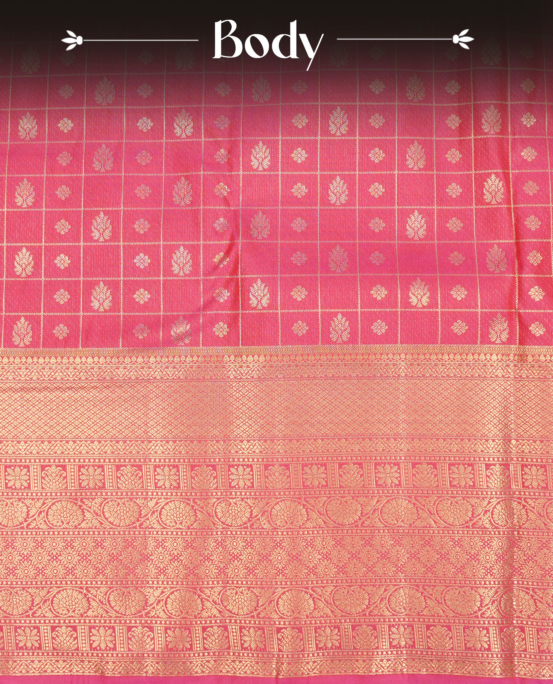 Magenta Semi Wedding Silk Saree featuring Gold Zari Check with Motifs On body, Complemented with traditional zari with Self colour border, paired with matching blouse piece.