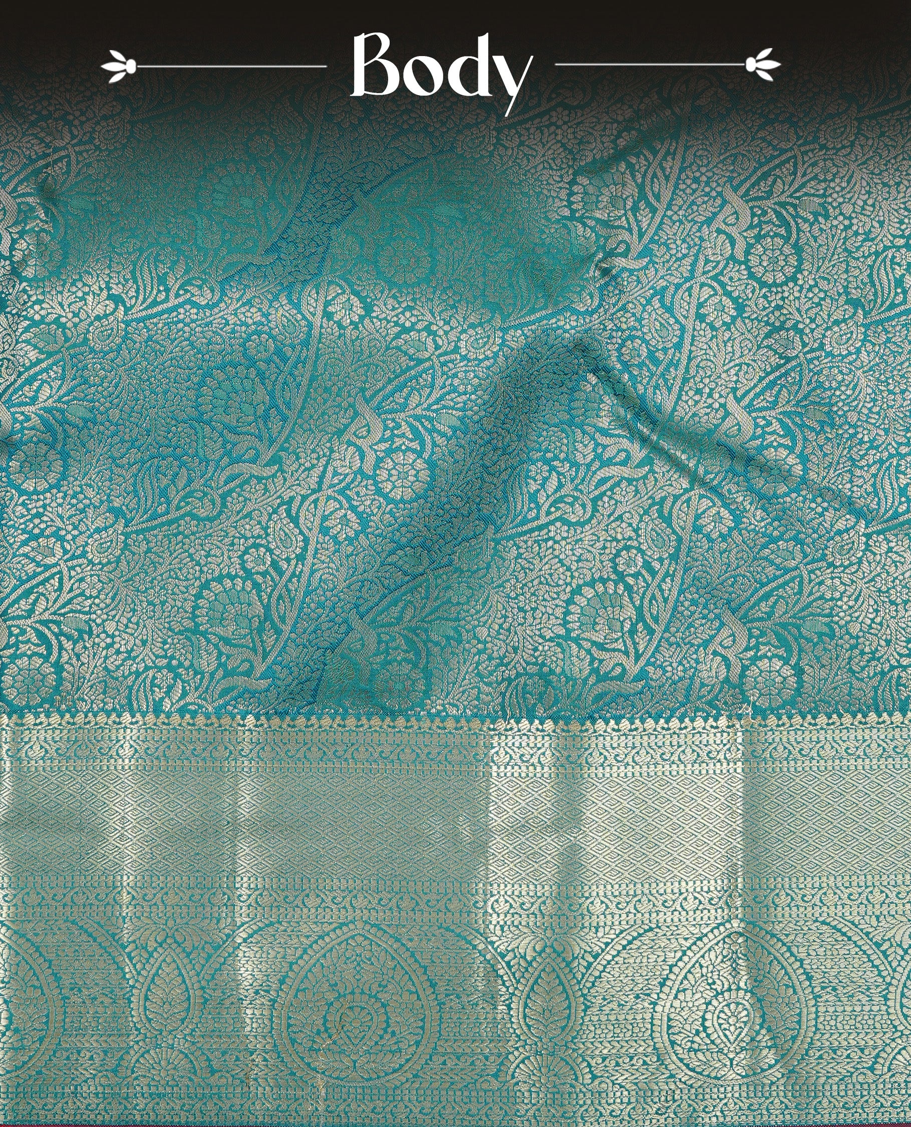 Green colour semi wedding silk saree featuring Gold zari floral kodi pattern on body, complemented by Traditional zari on self colour with Maroon piping, paired with matching blouse piece.