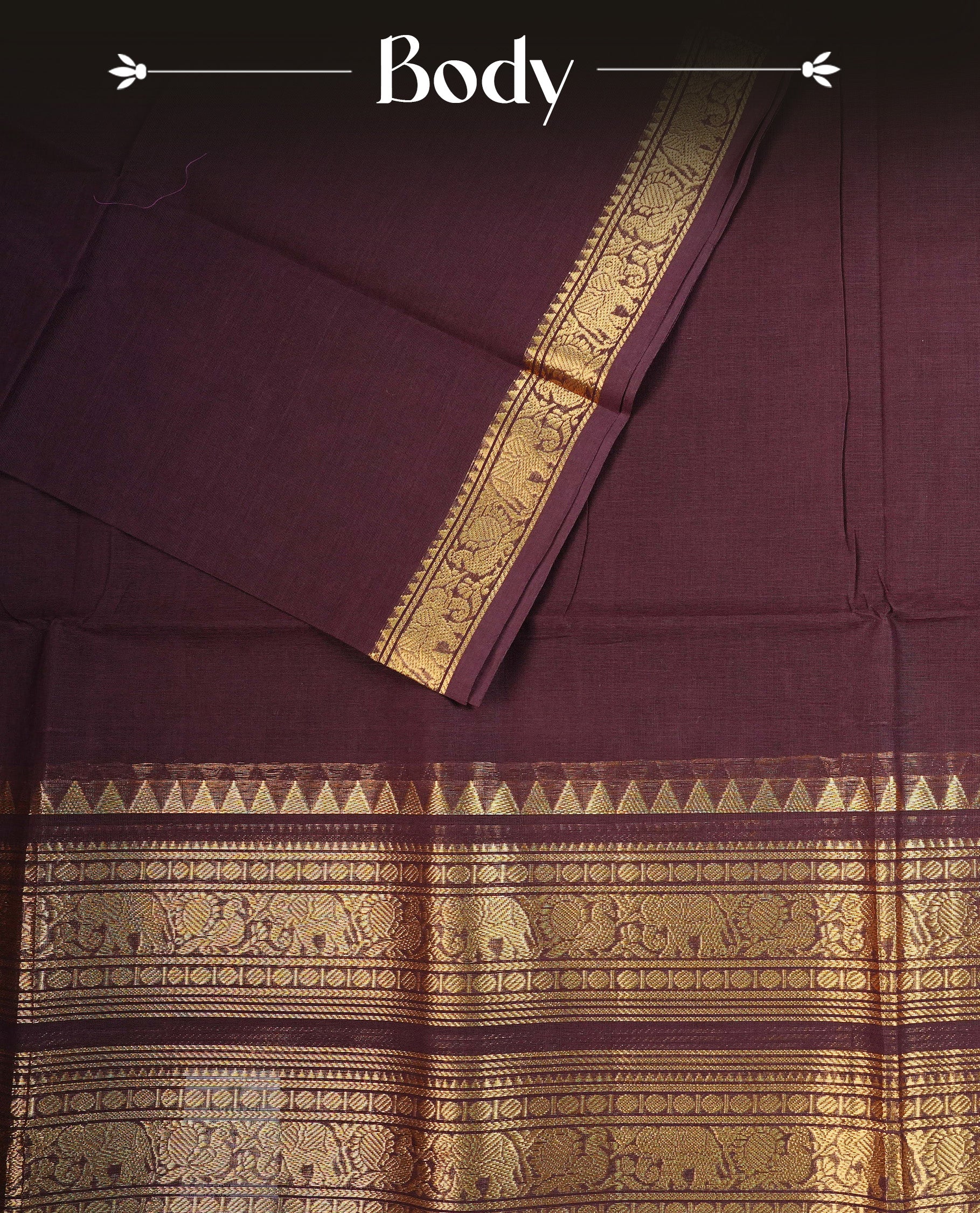 Dark Chocolate Brown  colour chettinad cotton saree featuring  Plain body, complemented by  Traditional Gold Zari border, paired with matching blouse piece.