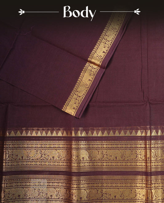 Dark Chocolate Brown  colour chettinad cotton saree featuring  Plain body, complemented by  Traditional Gold Zari border, paired with matching blouse piece.