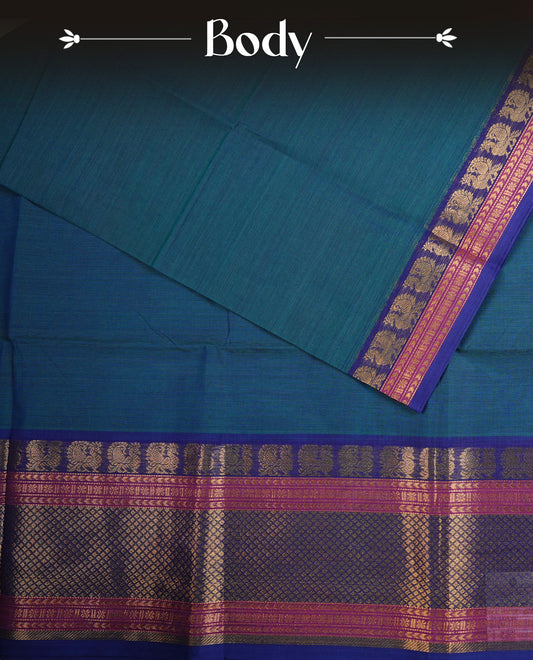 Peacock colour chettinad cotton saree featuring  Plain body, complemented by Violet & Pink Colour With  Gold Zari border, paired with matching blouse piece.