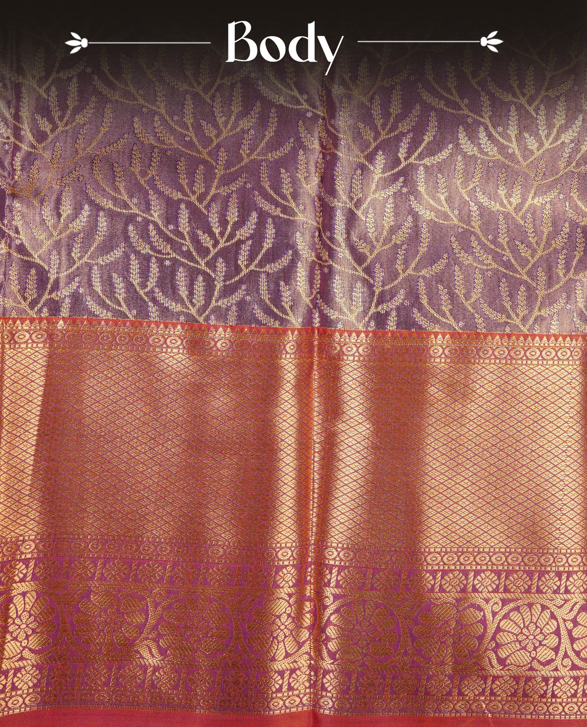 Violet & Gold colour Double shade Semi tissue silk saree featuring self color Floral pattern on body, Contrast Brick red colour with Fancy border, paired with matching.