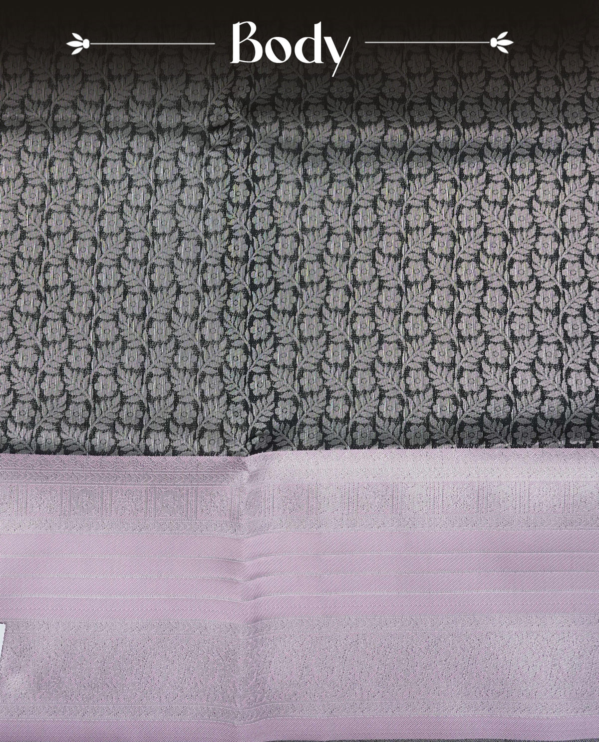 Black colour semi silk saree featuring Silver zari Floral pattern on body, complemented by contrast Pink colour with silver zari border, comes with matching blouse piece.