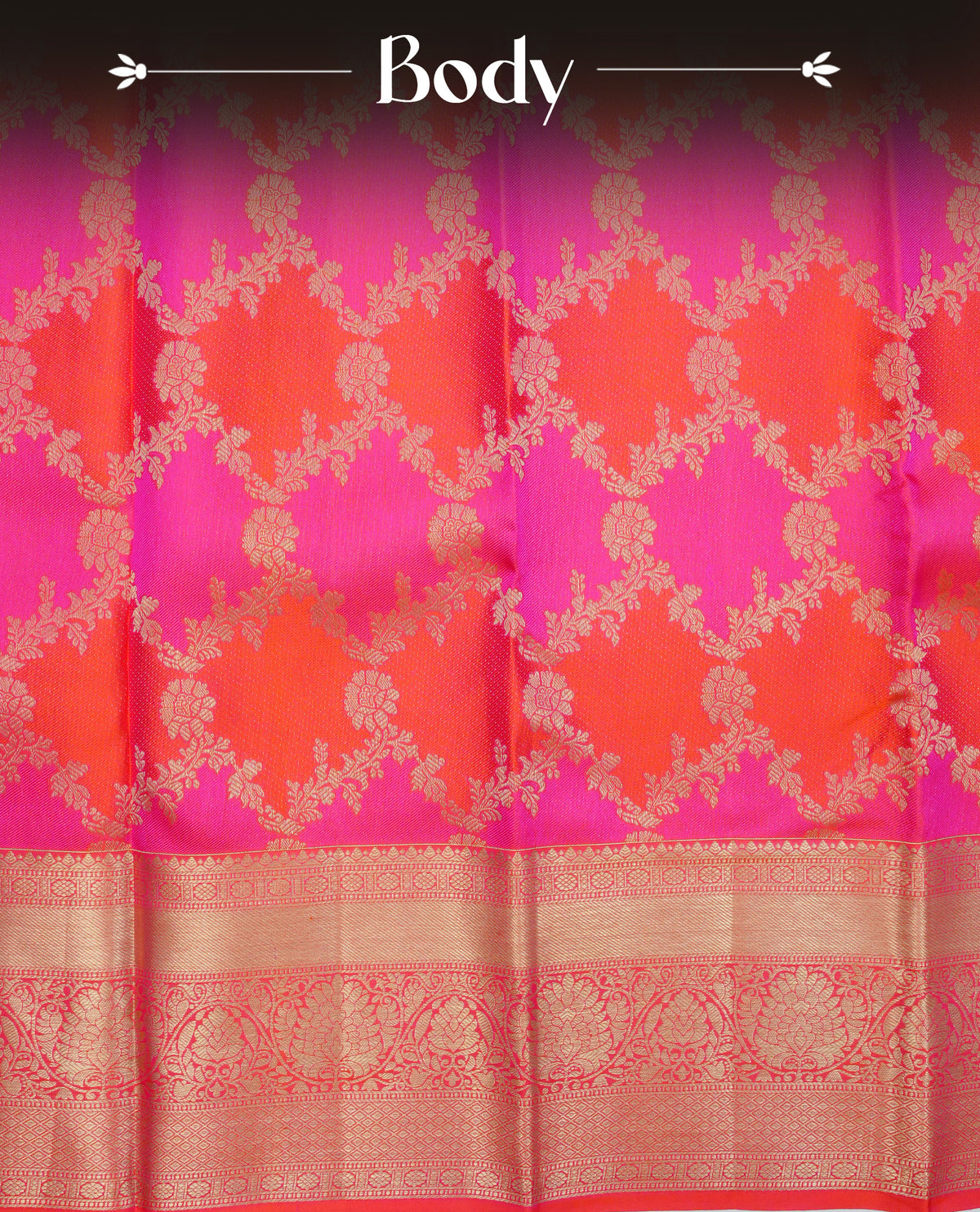 Orange & magenta colour Wedding silk saree featuring gold zari Floral kodi pattern worked body, complemented by Self colour with Traditional border, comes with matching blouse piece.