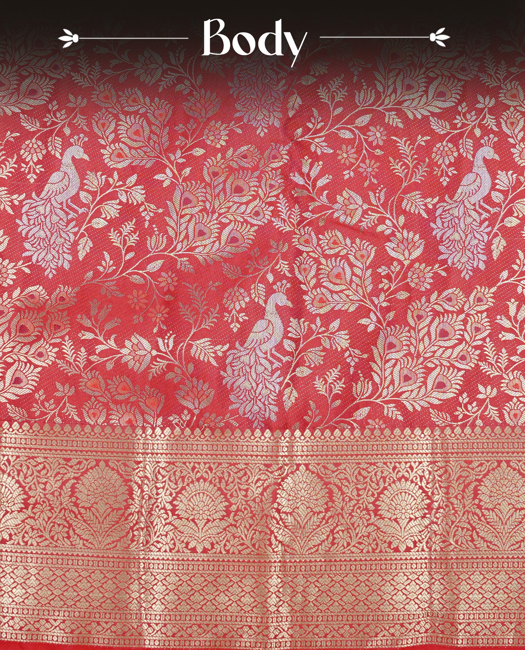 Red colour semi wedding silk saree featuring Gold zari Floral kodi pattern with Silver zari peacock motifs on body, complemented gold zari border, paired with matching blouse piece.