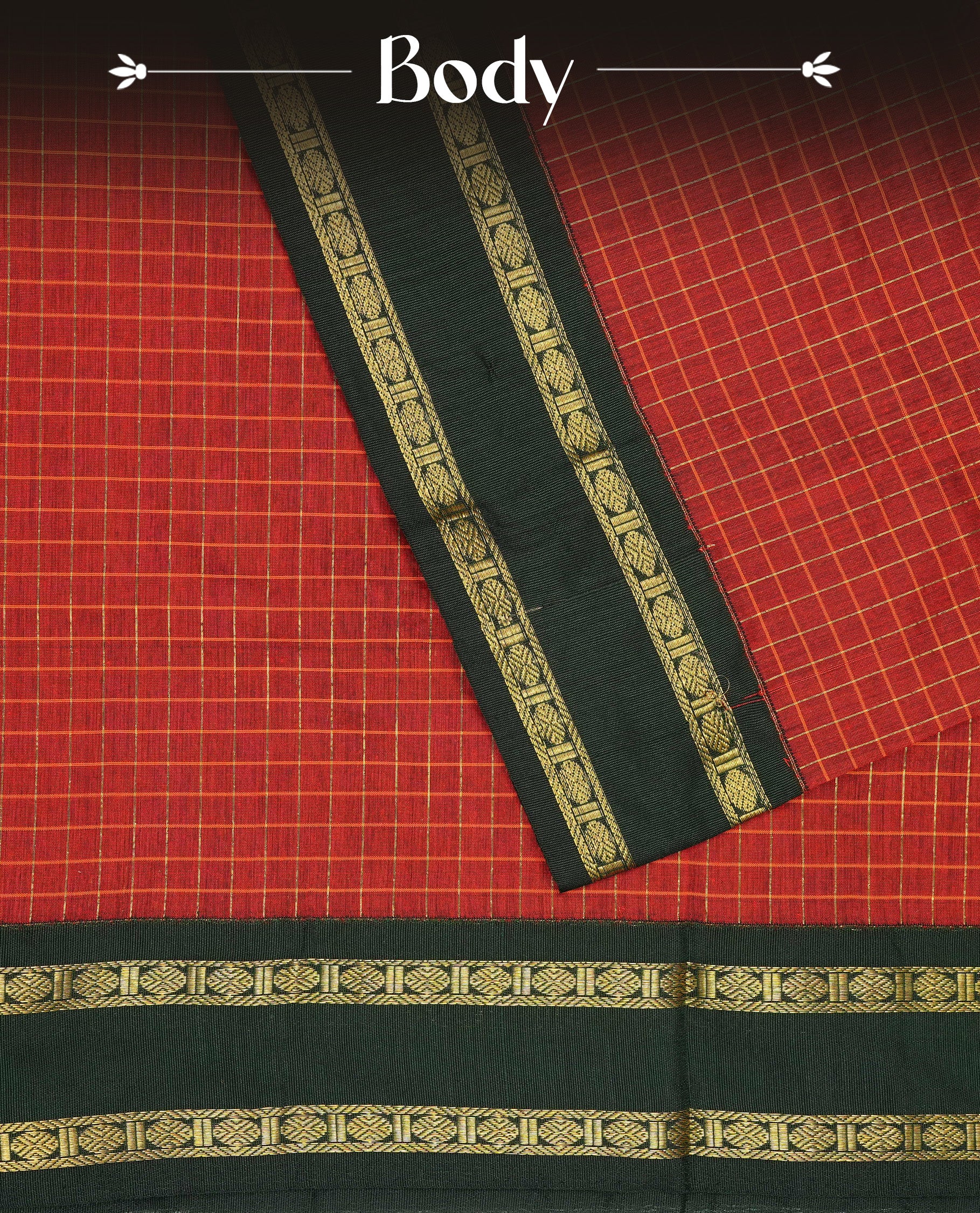 Maroon colour Kalyani cotton saree featuring Gold zari check pattern on body, complemented by Contrast Green colour with grand gold zari border & pallu, matching blouse piece