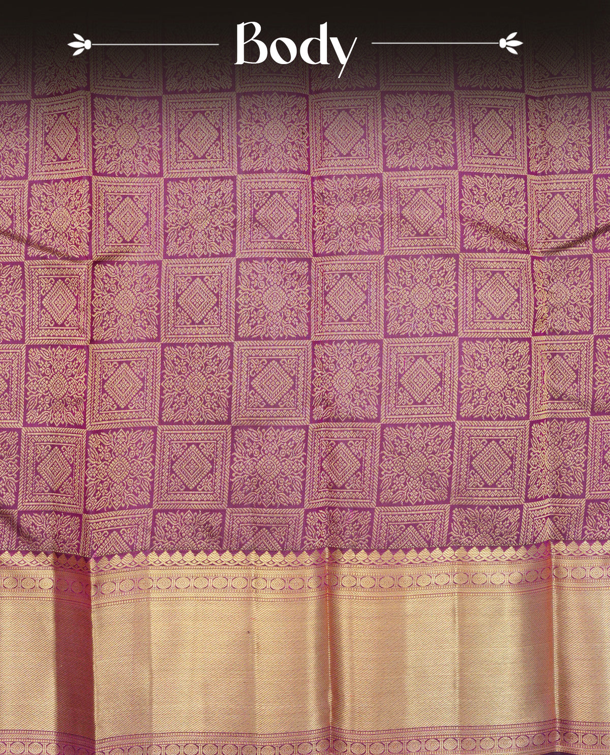 Deep purple colour pure wedding silk saree featuring gold zari designed box pattern on body, complemented by self colour with traditional border, comes with matching blouse piece.