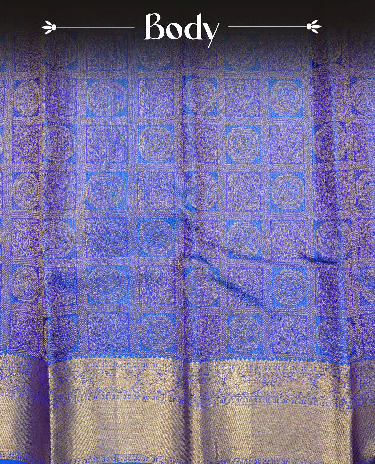 Blue colour Pure wedding silk saree featuring gold zari Check with designed & chakra motif pattern on body, complemented by self colour with traditional border, comes with a matching blouse piece.