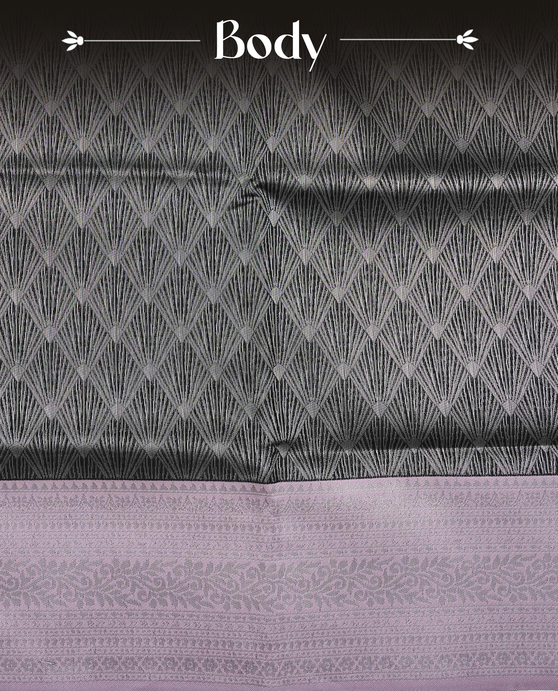 Black colour semi silk saree featuring Silver zari Design pattern on body, complemented by contrast Pink colour with silver zari border, comes with matching blouse piece.