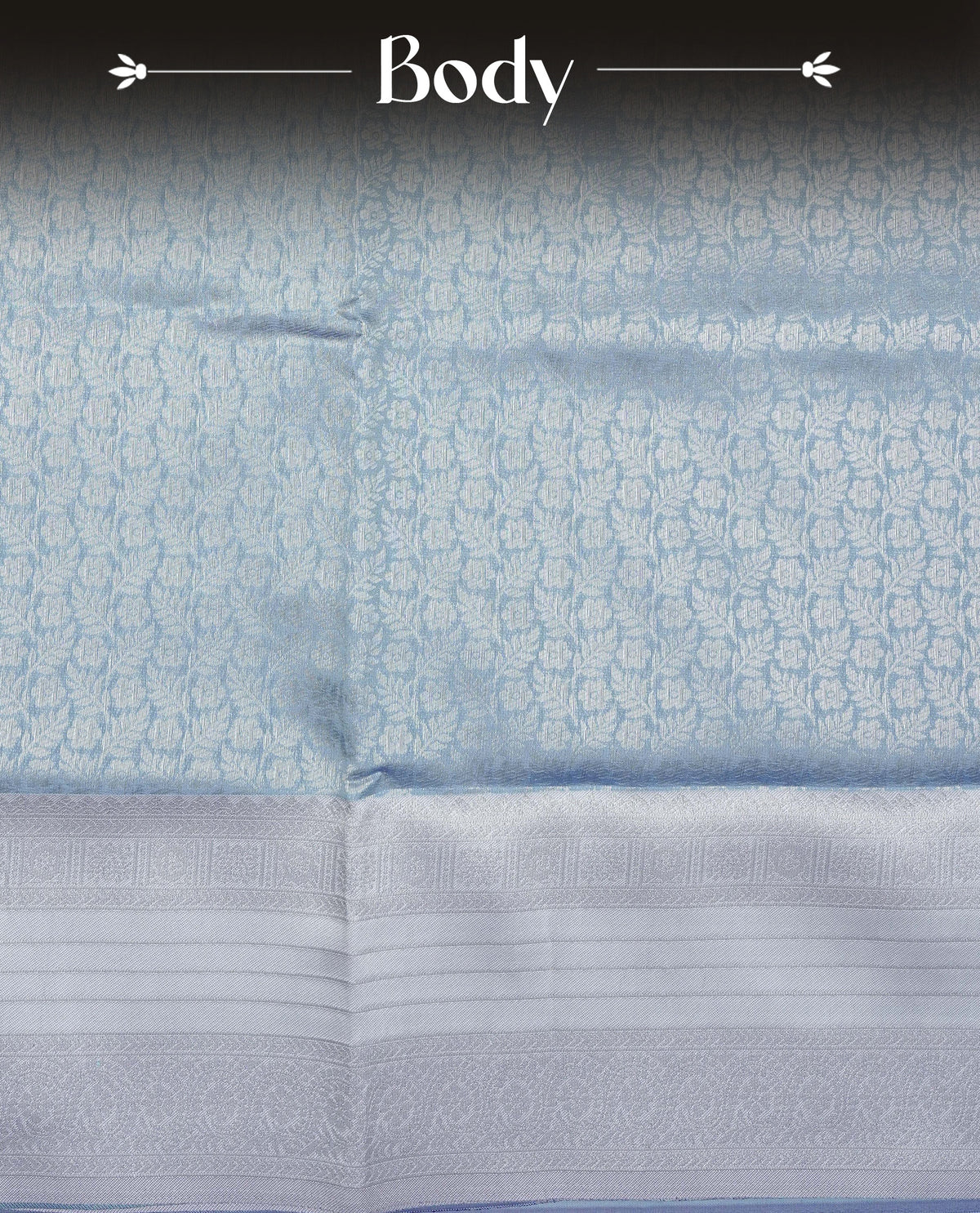 Sky blue colour semi silk saree featuring Silver zari Floral pattern on body, complemented by contrast Lavender colour with silver zari border, comes with matching blouse piece.