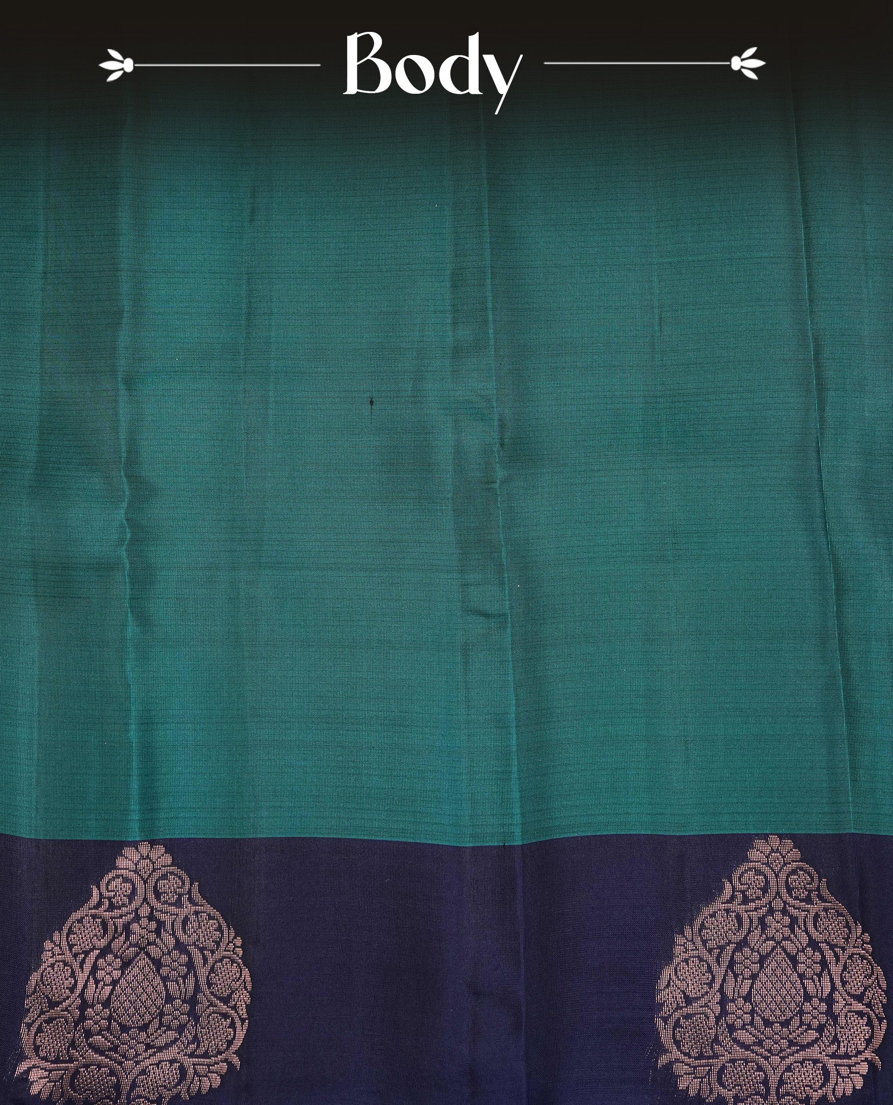 Peacock Green  colour soft silk saree featuring Plain body, complemented by contrast Blue with Rose Gold Zari   border, paired with matching blouse piece.