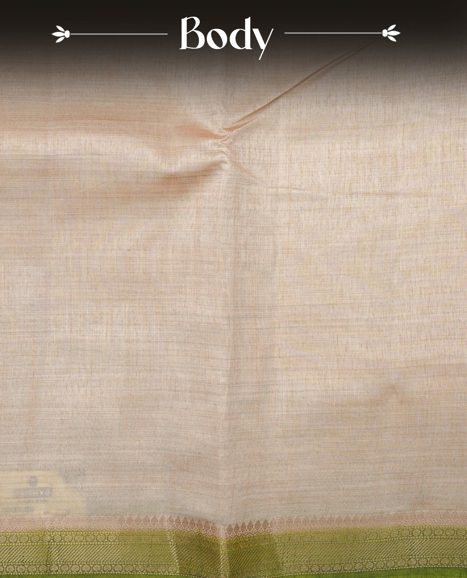 Light gold Colour Tussar saree featuring elegant plain body, complemented by contrast Light green colour with zari work border, comes with matching blouse piece.