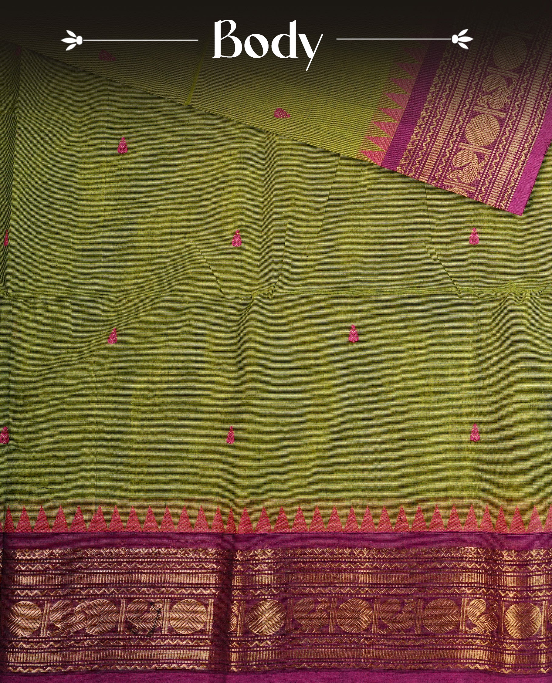 Lemon colour Chettinad cotton saree featuring Magenta Motifs, complemented by contrast magenta with gold zari border, paired with matching blouse piece.