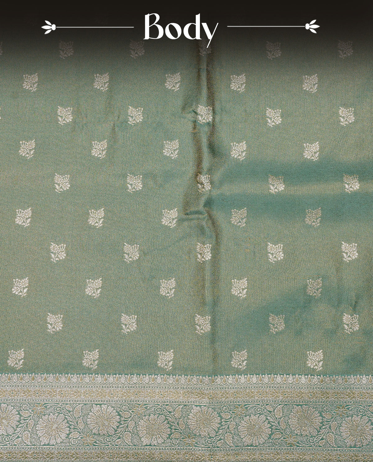 Teal colour Mulberry silk saree featuring gold zari motifs on body, complemented by contrast self colour with gold zari border, comes with matching blouse piece.