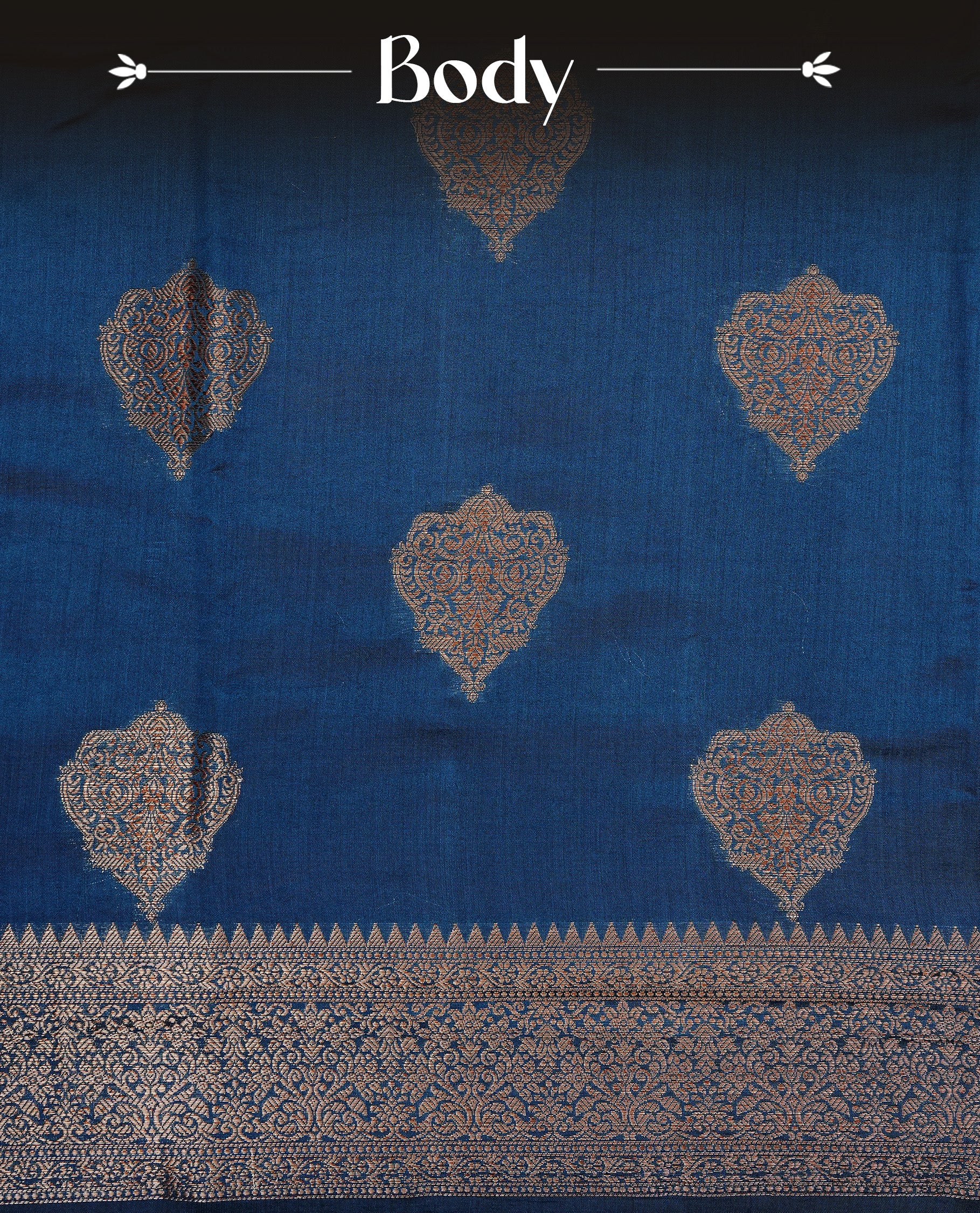 Teal Colour Pure Banaras Soft Silk saree featuring Antique Zari buttas in body, complemented by zari work on self colour border, paired with matching Blouse Piece.
