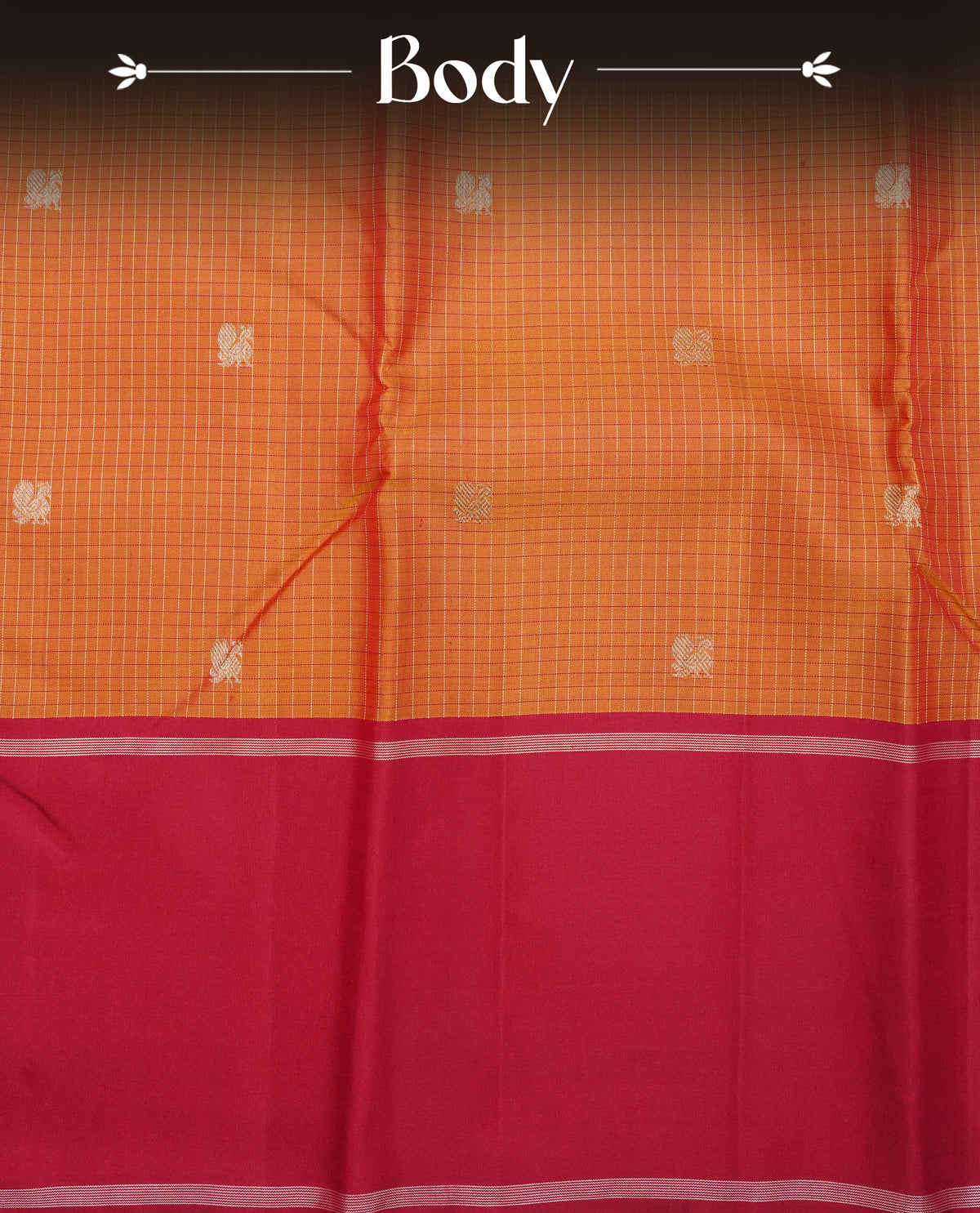Mustard colour traditional kancheepuram silk saree featuring Golf zari check with peacock buttas on body, complemented by contrast Maroon colour with simple zari border, comes with matching blouse piece.