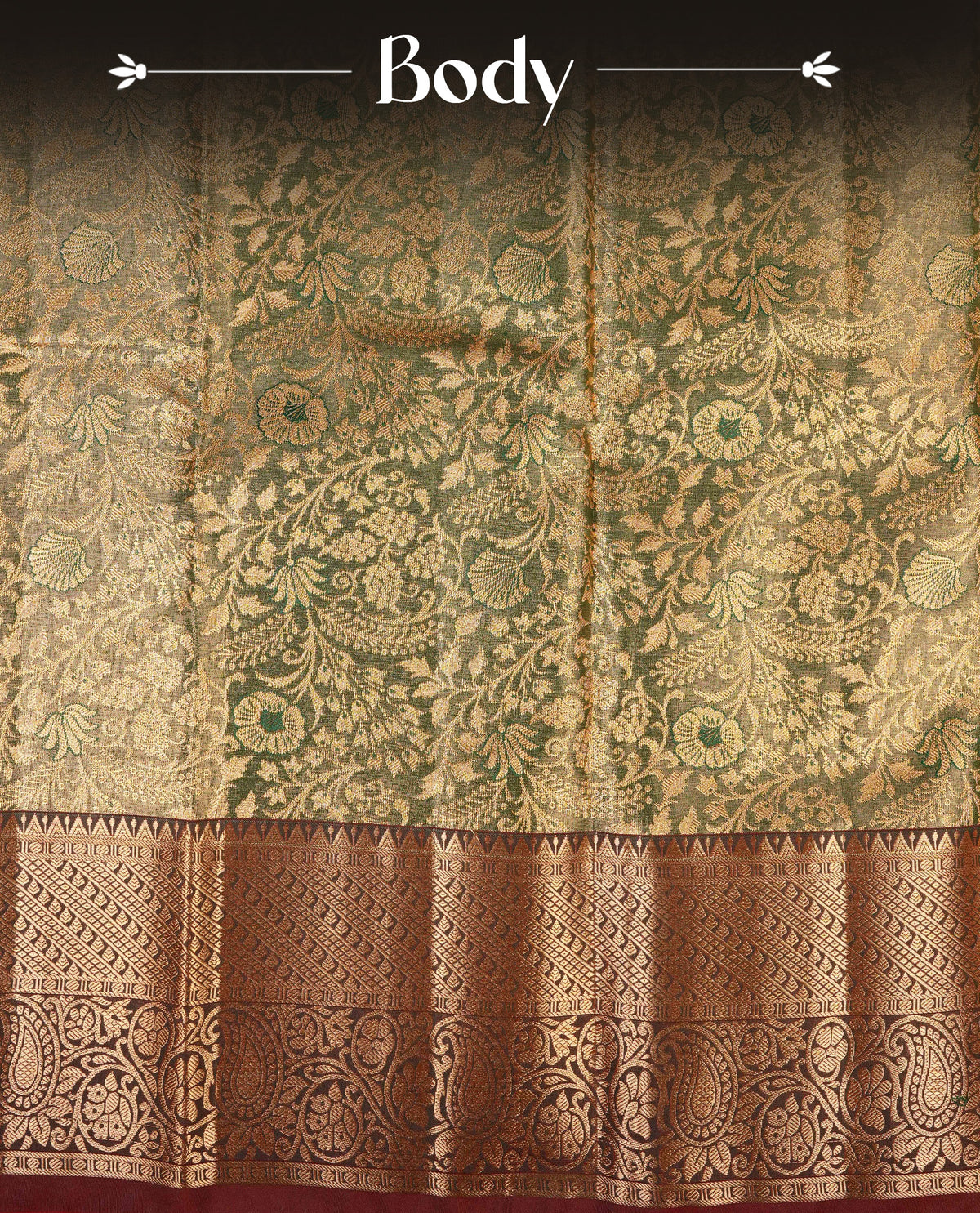 Green & Gold colour Double shade Semi tissue silk saree featuring Gold zari Floral pattern on body, Contrast Chocolate colour with Fancy border, paired with matching.
