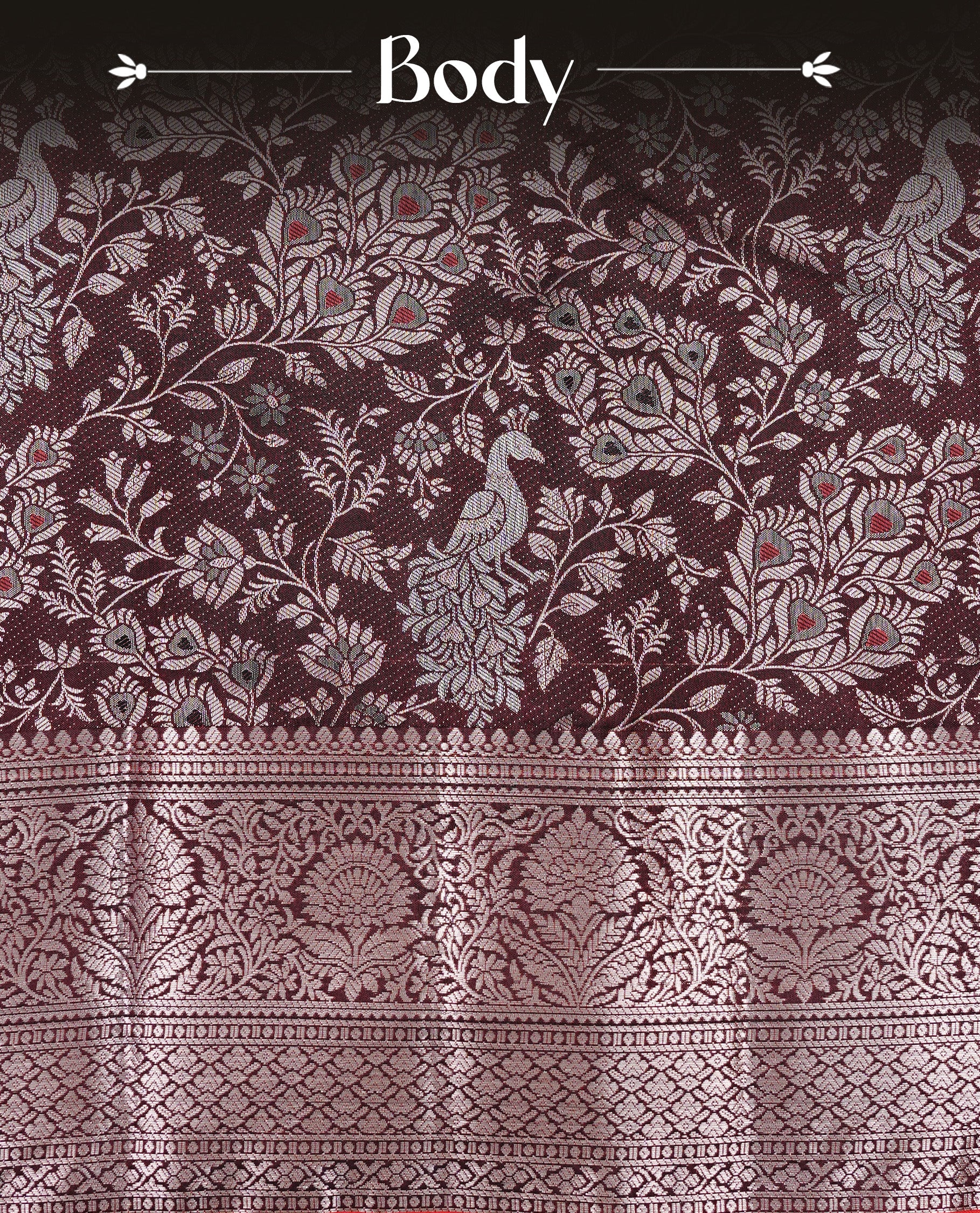 Dark chocolate colour semi wedding silk saree featuring Rose Gold zari Floral kodi pattern with Silver zari peacock motifs on body, complemented Rose gold zari border, paired with matching blouse piece.