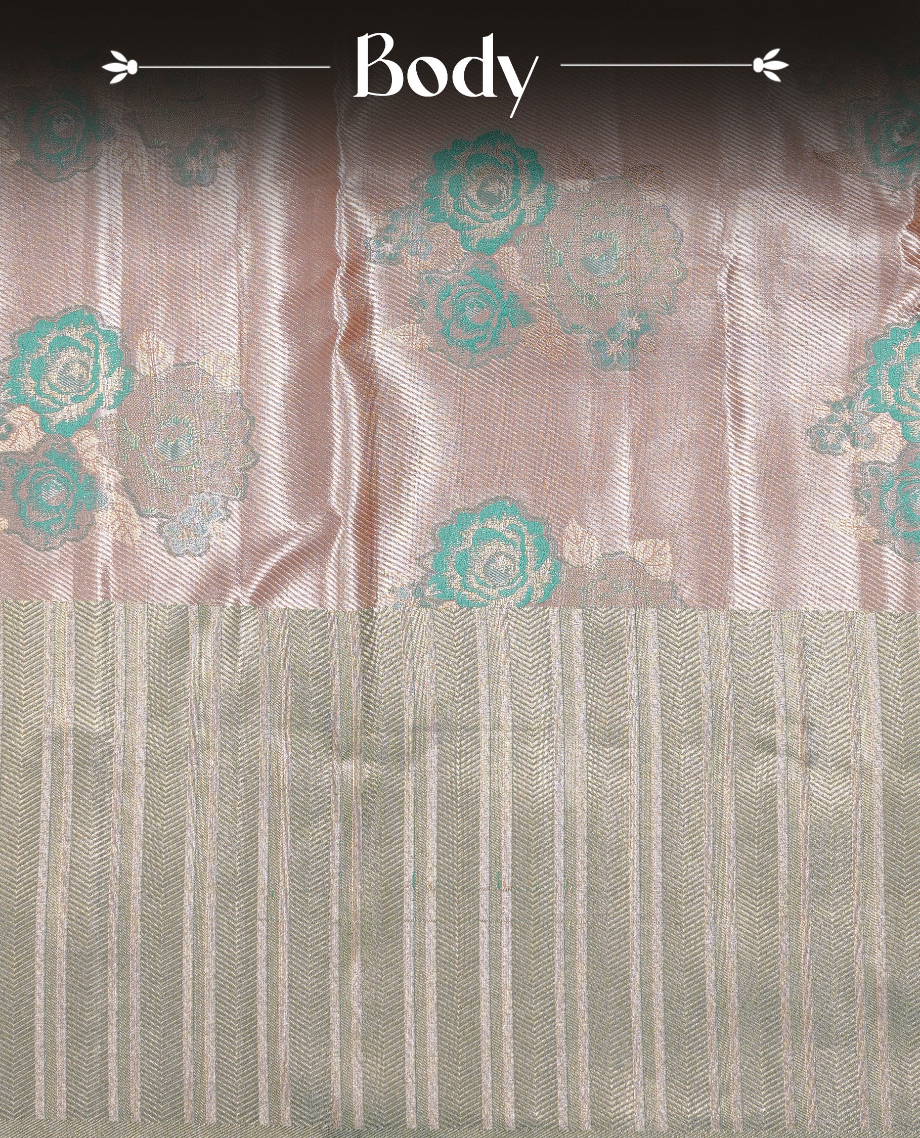 Light Pink colour Tissue silk saree featuring Green colour floral zari motifs on body, complemented by contrast Light green zari border, paired with matching blouse piece.