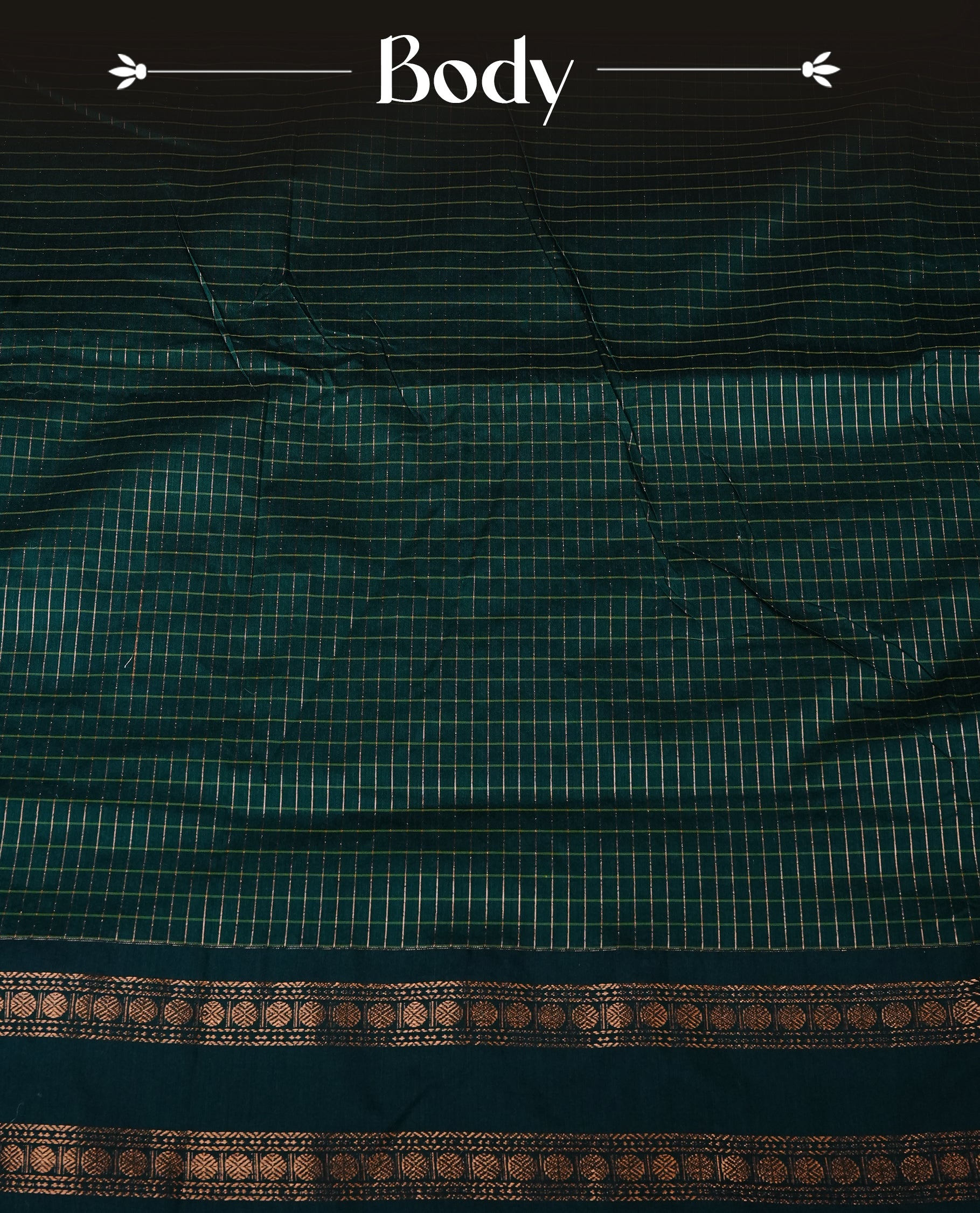 Bottle Green colour Kalyani cotton saree featuring Gold zari checks on body, enhanced with zari border and grand zari pallu, comes with self colour blouse piece.
