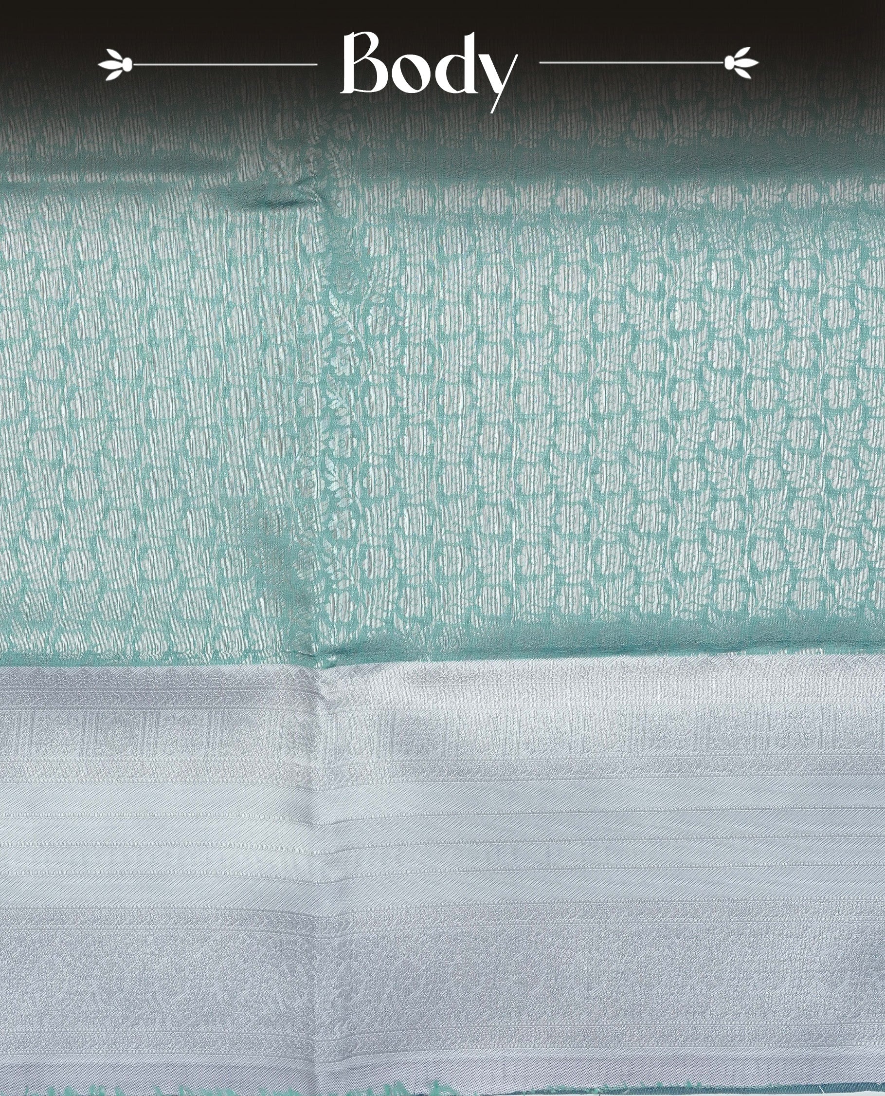 Sea green colour semi silk saree featuring Silver zari Floral pattern on body, complemented by contrast Lavender colour with silver zari border, comes with matching blouse piece.