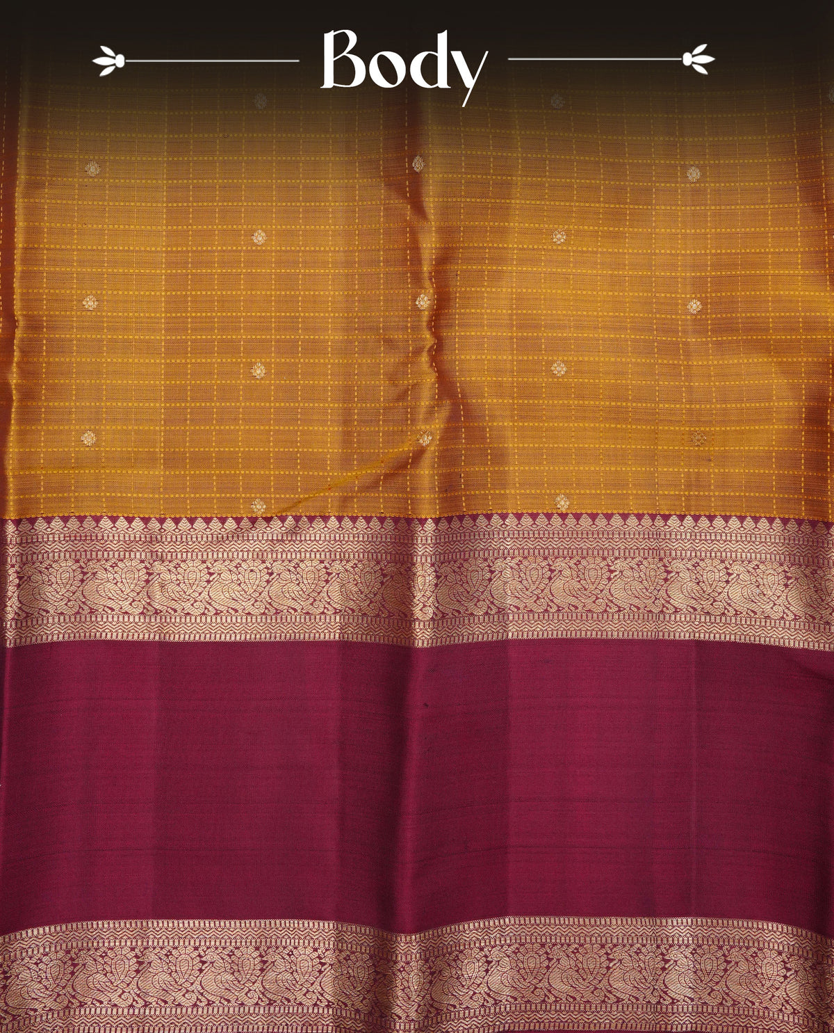 Mustard olive colour Traditional kancheepuram silk saree featuring Gold zari check on body, complemented by Contrast maroon colour with Gold Zari border, comes with matching blouse piece.