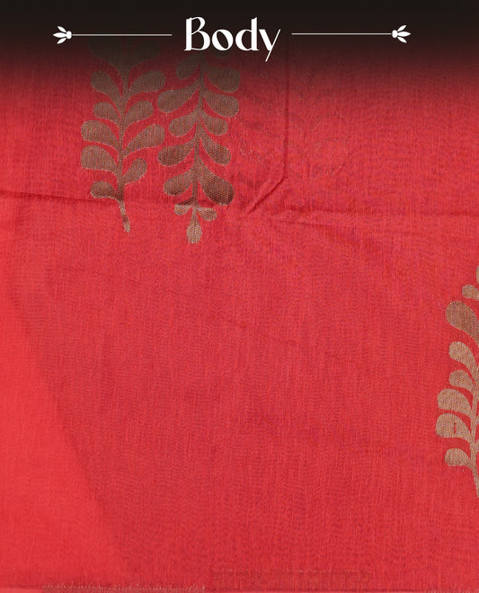 Red colour semi linen saree with elegant gold zari leaf motifs across the body, complemented by a contrast  Black colour with grand gold zari pallu and a borderless design, paired with a matching blouse piece.