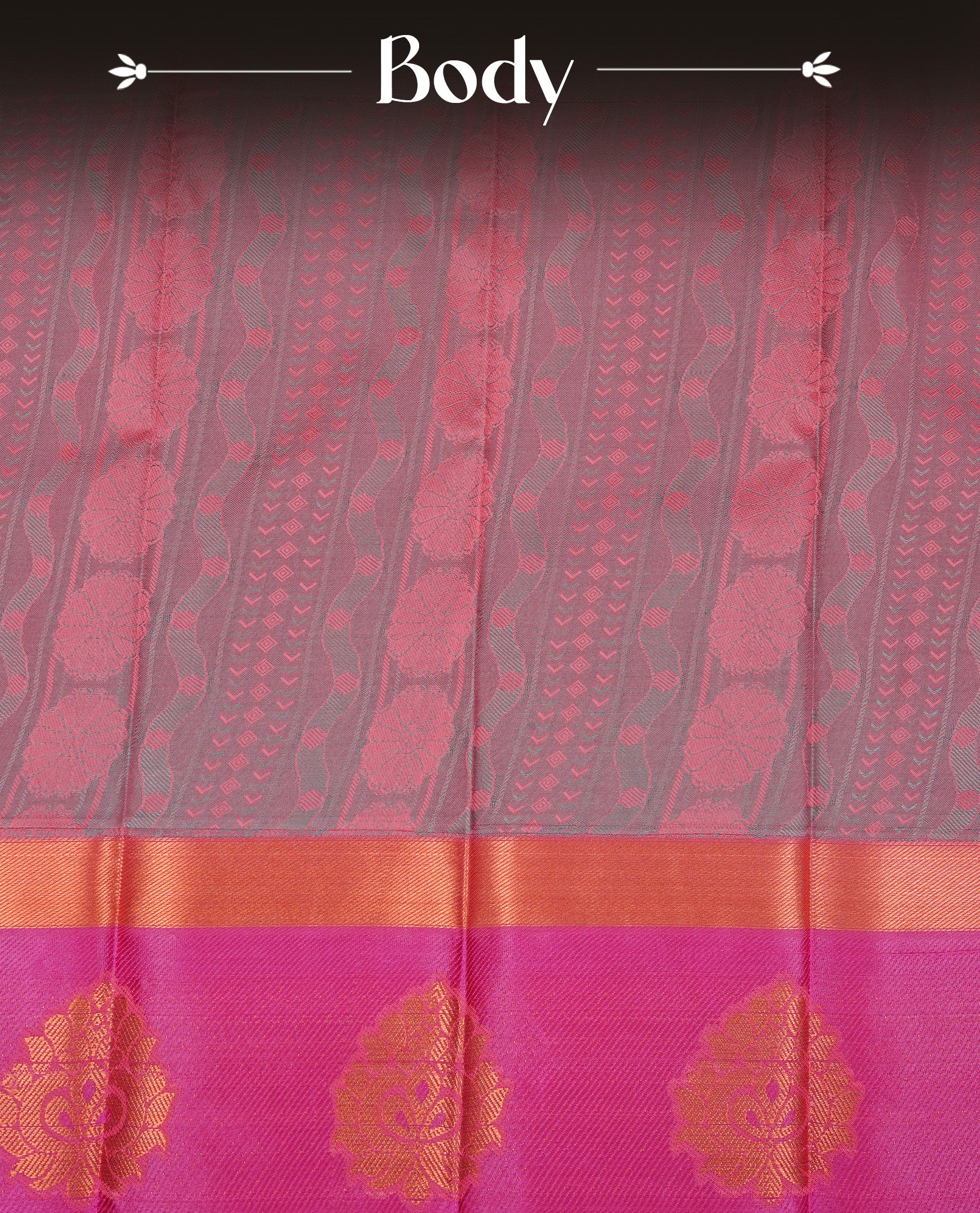 Green colour Semi silk saree Featuring Selfcolour zari Pattern on body, complemented by Contrast magenta colour with gold zari border, paired with matching blouse piece.