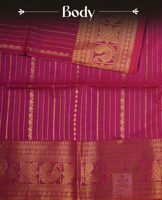 Magenta colour chettinad cotton saree featuring Gold Zari Stripes on body, complemented by Contrast Colour With Traditional  Gold Zari border, paired with matching blouse piece.