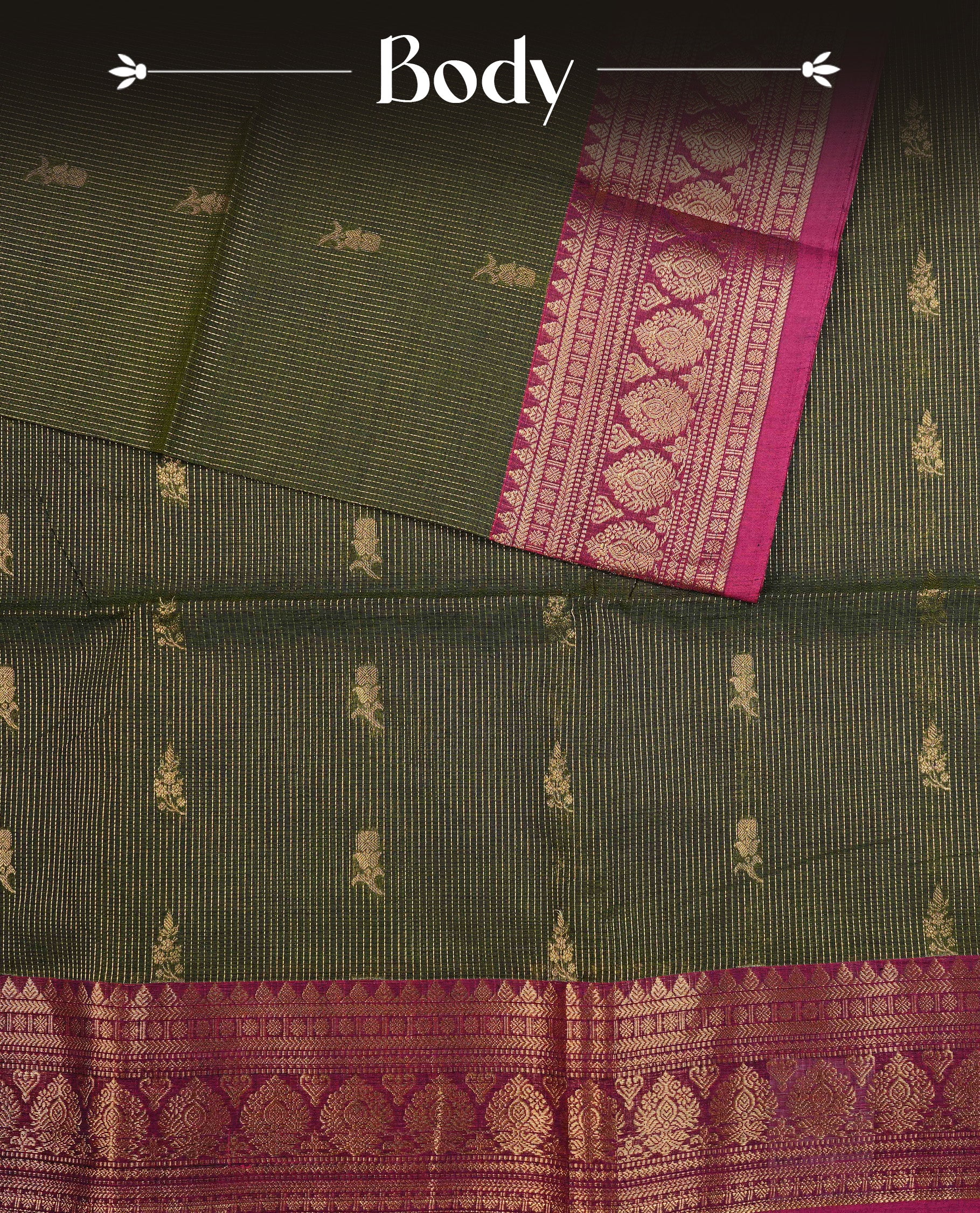Green colour chettinad cotton saree featurign gold zari stripes pattern with Motifs on body, complemented by contrast Magenta With gold zari border, paired with matching blouse piece.