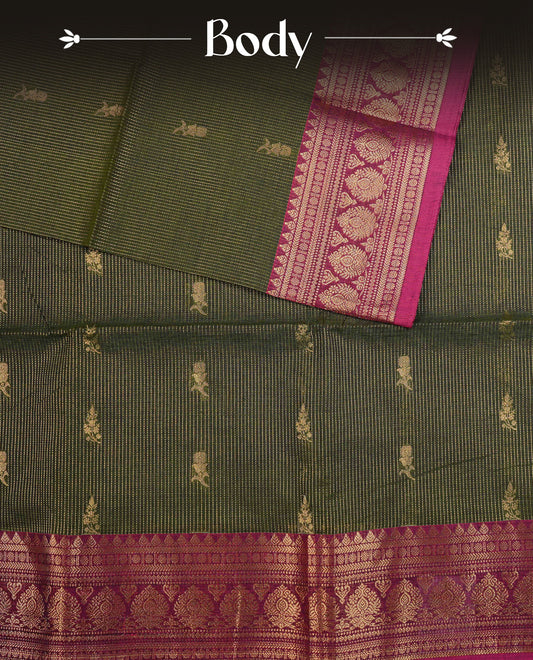 Green colour chettinad cotton saree featurign gold zari stripes pattern with Motifs on body, complemented by contrast Magenta With gold zari border, paired with matching blouse piece.