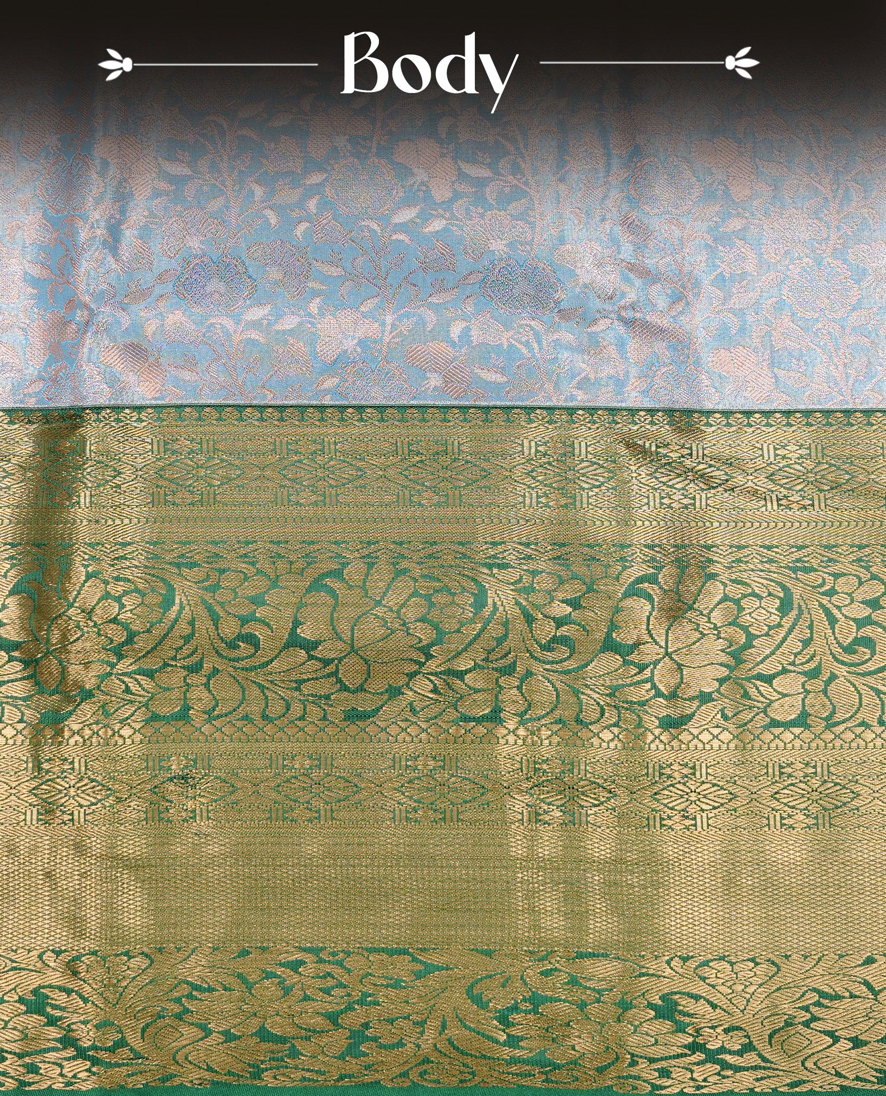 Ice Blue Colour Tissue saree Featuring Light gold Floral kodi Pattern on body, enhanced with contrast Green colour with gold zari border, paired with matching blouse piece.