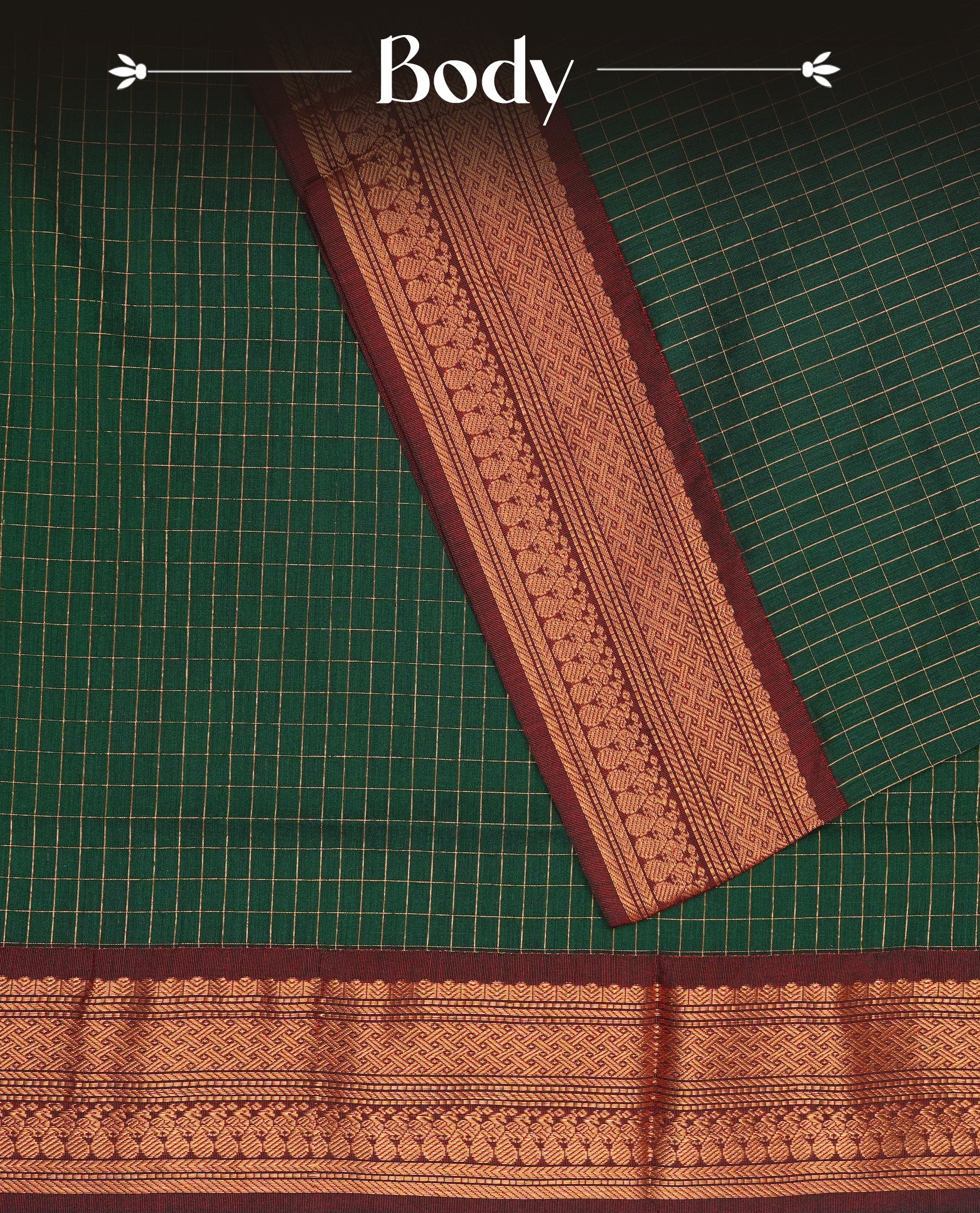 Green colour Kalyani cotton saree featuring Gold zari check pattern on body, complemented by Contrast Maroon colour with grand gold zari border & pallu, matching blouse piece