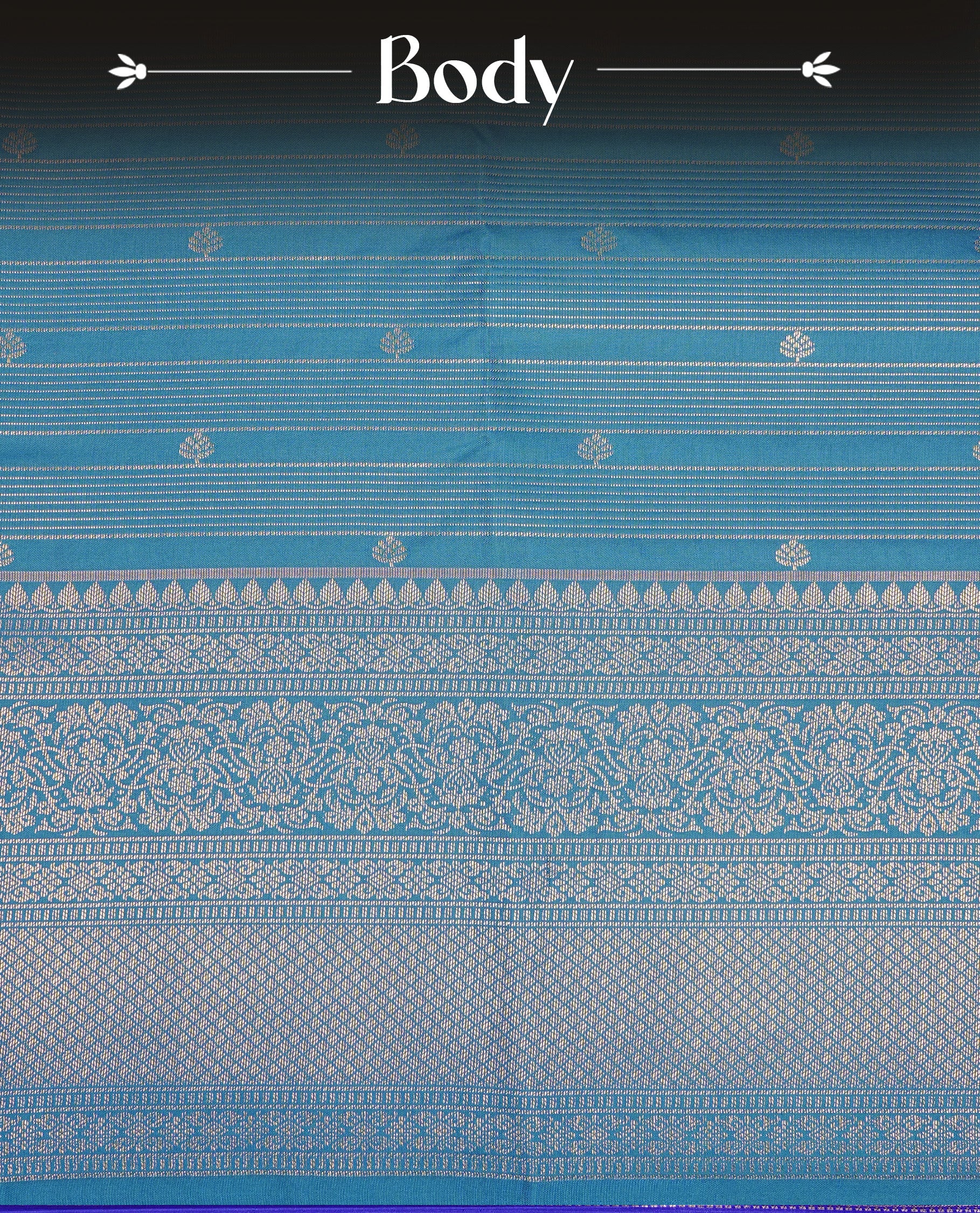 Aqua Colour Wedding Silk Saree Featuring Gold zari Strip pattern on body, complemented by traditional Zari pattern on self colour border, paired with matching blouse piece.