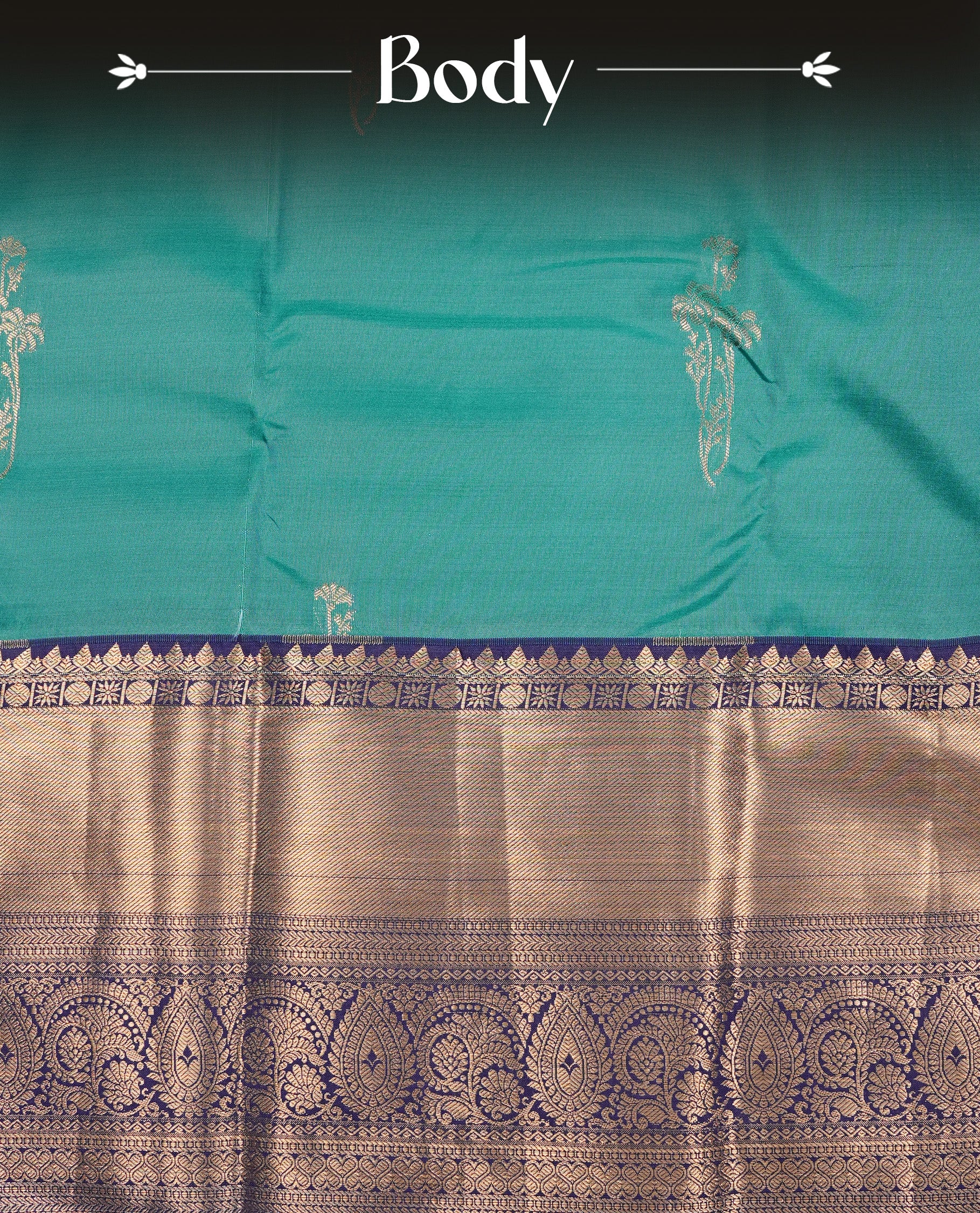 Aqua colour semi Wedding silk saree featuring Gold zari motifs on body, enhanced with Contrast Blue colour with traditional border, paired with matching blouse piece.