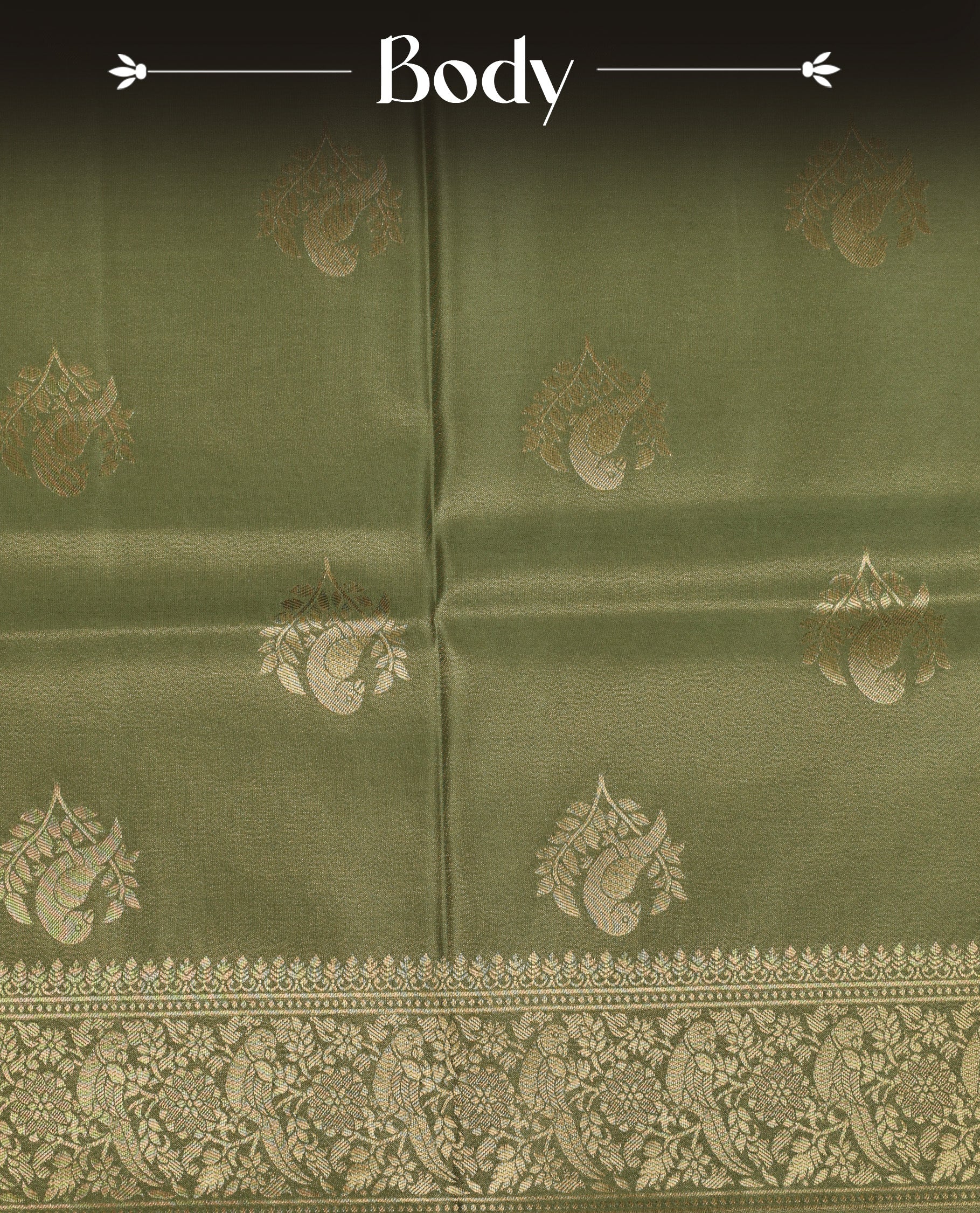 Pastel green colour Mulberry silk saree featuring Gold zari bird motifs on body, complemented by self colour with gold zari border, comes with matching blouse piece.