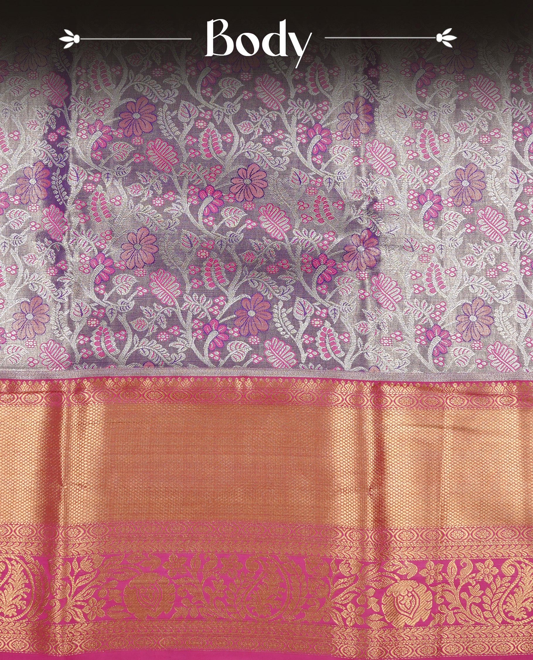Blue & Silver double shade tissue silk saree Featuring Pink & Silver zari floral pattern on body, complemented by contrast Pink colour with traditional border, paired with matching blouse piece.