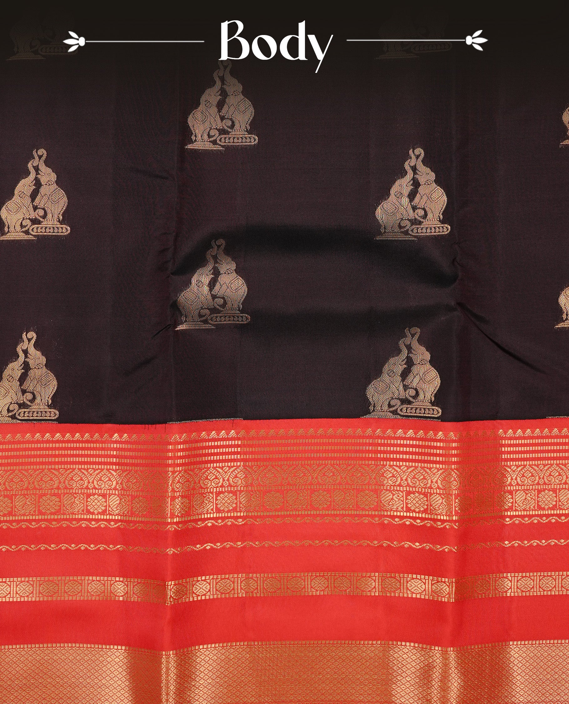 Dark Chocolate colour Traditional Kancheepuram silk saree featuring gold zari motifs on body, enhanced with contrast Red with traditional border, paired with matching blouse piece.