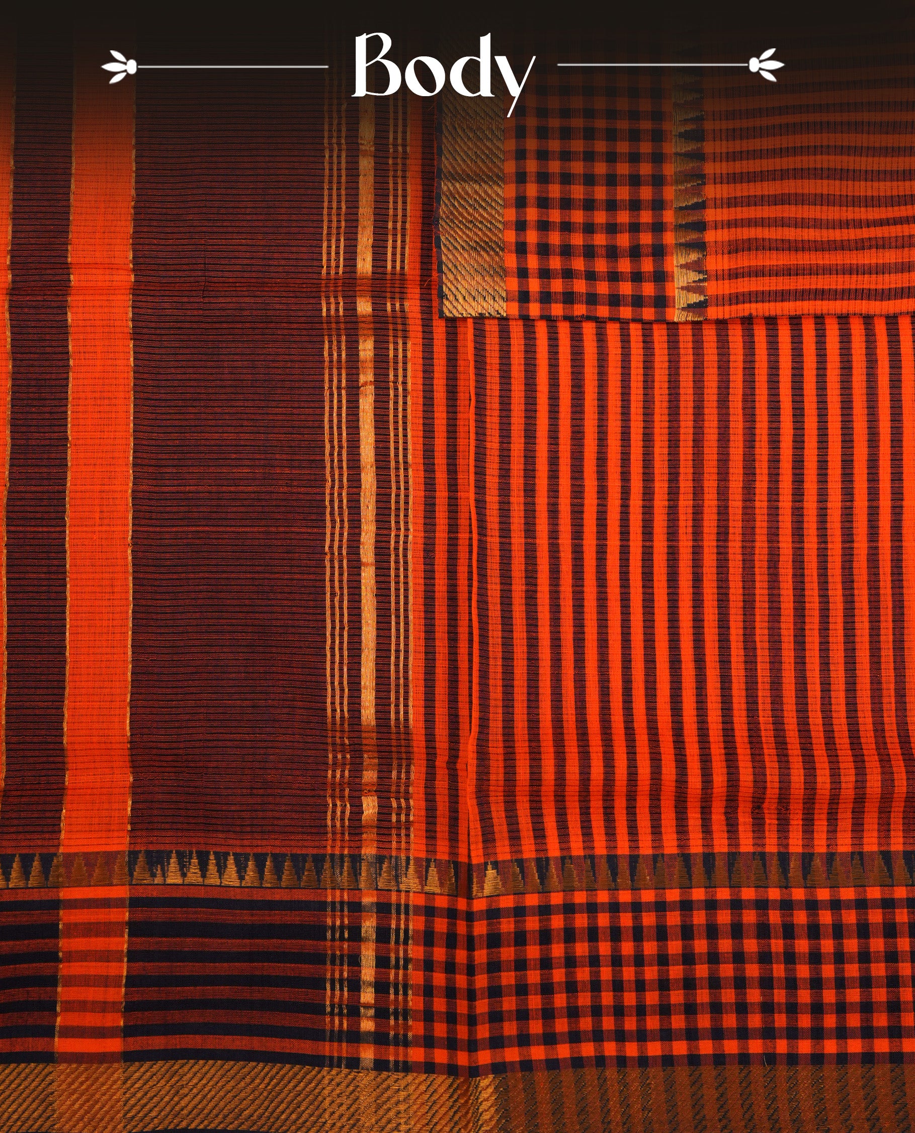 Orange Colour Mangalagiri cotton saree featuring elegant Navy Blue Strips Across The Body , Checks with  Gold  zari border & Gold Zari Pallu, Paired With a matching blouse piece.
