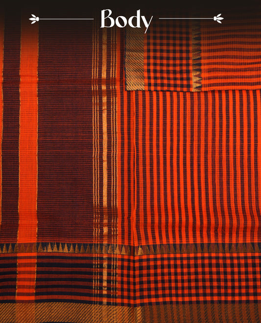 Orange Colour Mangalagiri cotton saree featuring elegant Navy Blue Strips Across The Body , Checks with  Gold  zari border & Gold Zari Pallu, Paired With a matching blouse piece.